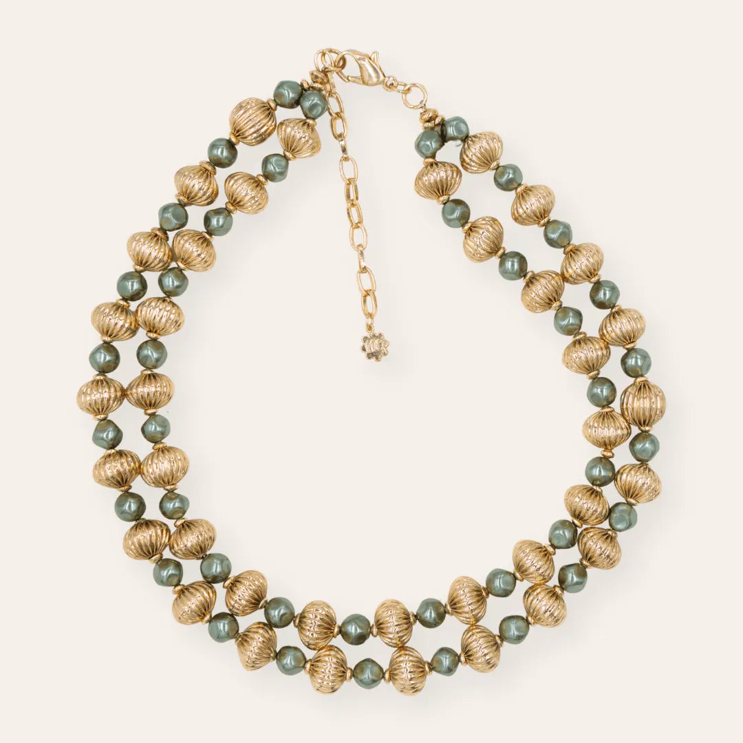 TFC Vortex Small Bold Bead with Black Pearl Gold Plated Layered Necklace