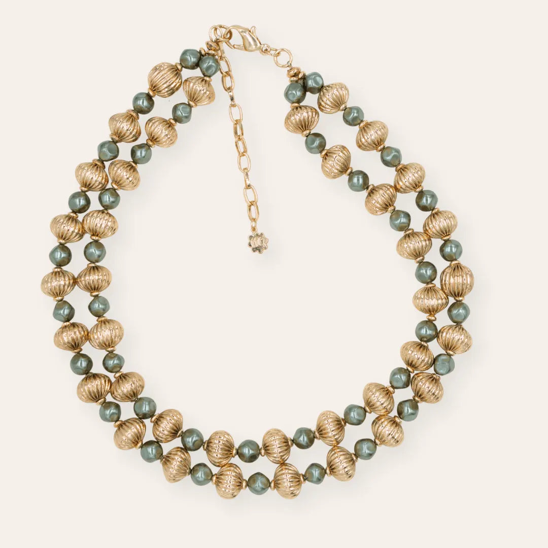 TFC Vortex Small Bold Bead with Black Pearl Gold Plated Layered Necklace