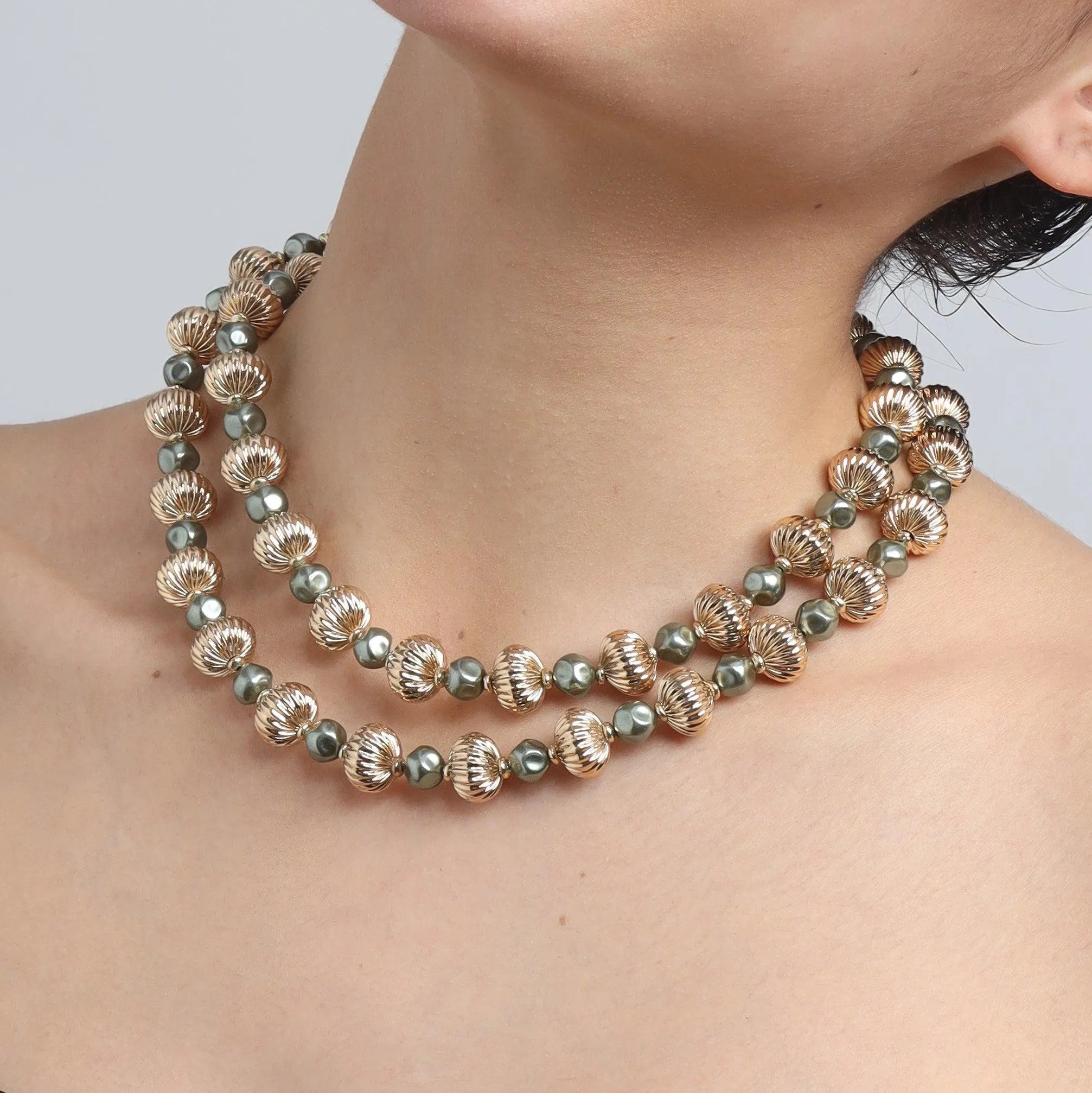 TFC Vortex Small Bold Bead with Black Pearl Gold Plated Layered Necklace