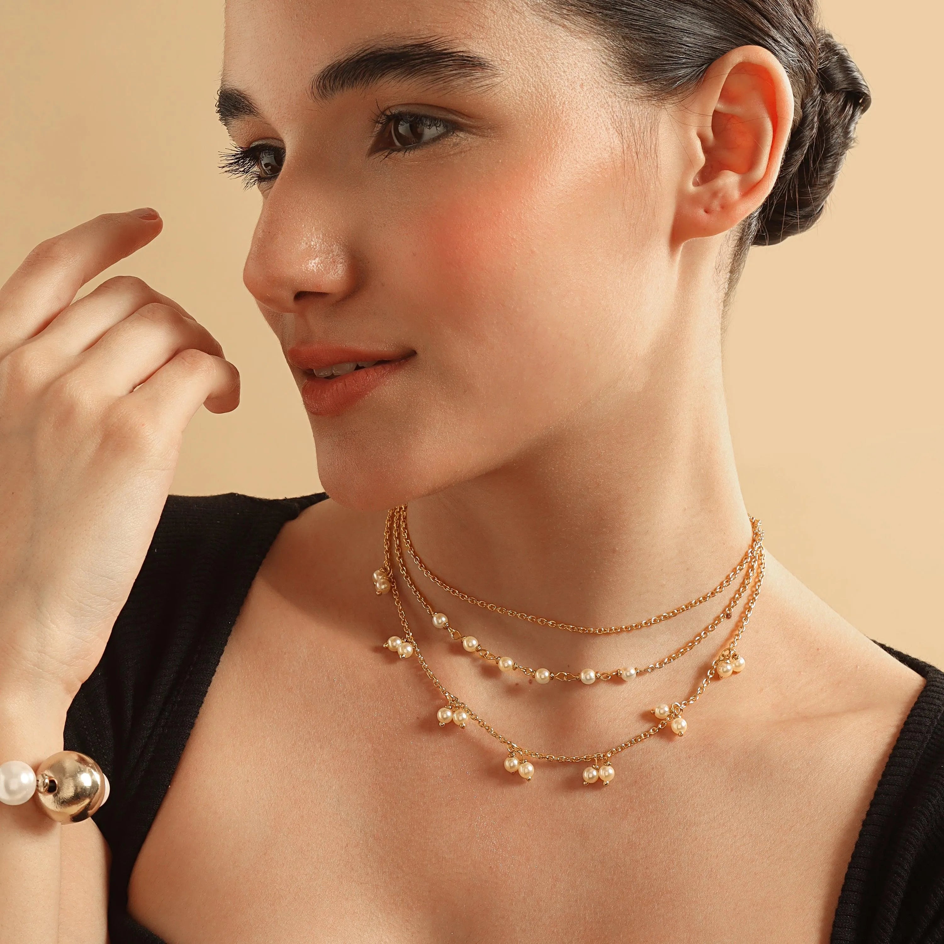 TFC Elated Pearls Silver Plated Layered Necklace-Enhance your elegance with our collection of gold-plated necklaces for women. Choose from stunning pendant necklaces, chic choker necklaces, and trendy layered necklaces. Our sleek and dainty designs are both affordable and anti-tarnish, ensuring lasting beauty. Enjoy the cheapest fashion jewellery, lightweight and stylish- only at The Fun Company.