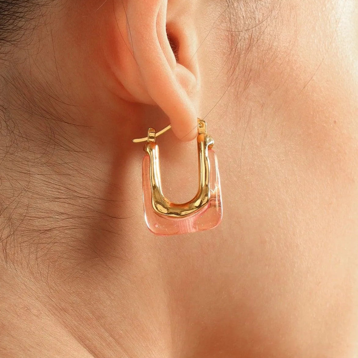 TFC Square Pink Resin Gold Plated Hoop Earrings