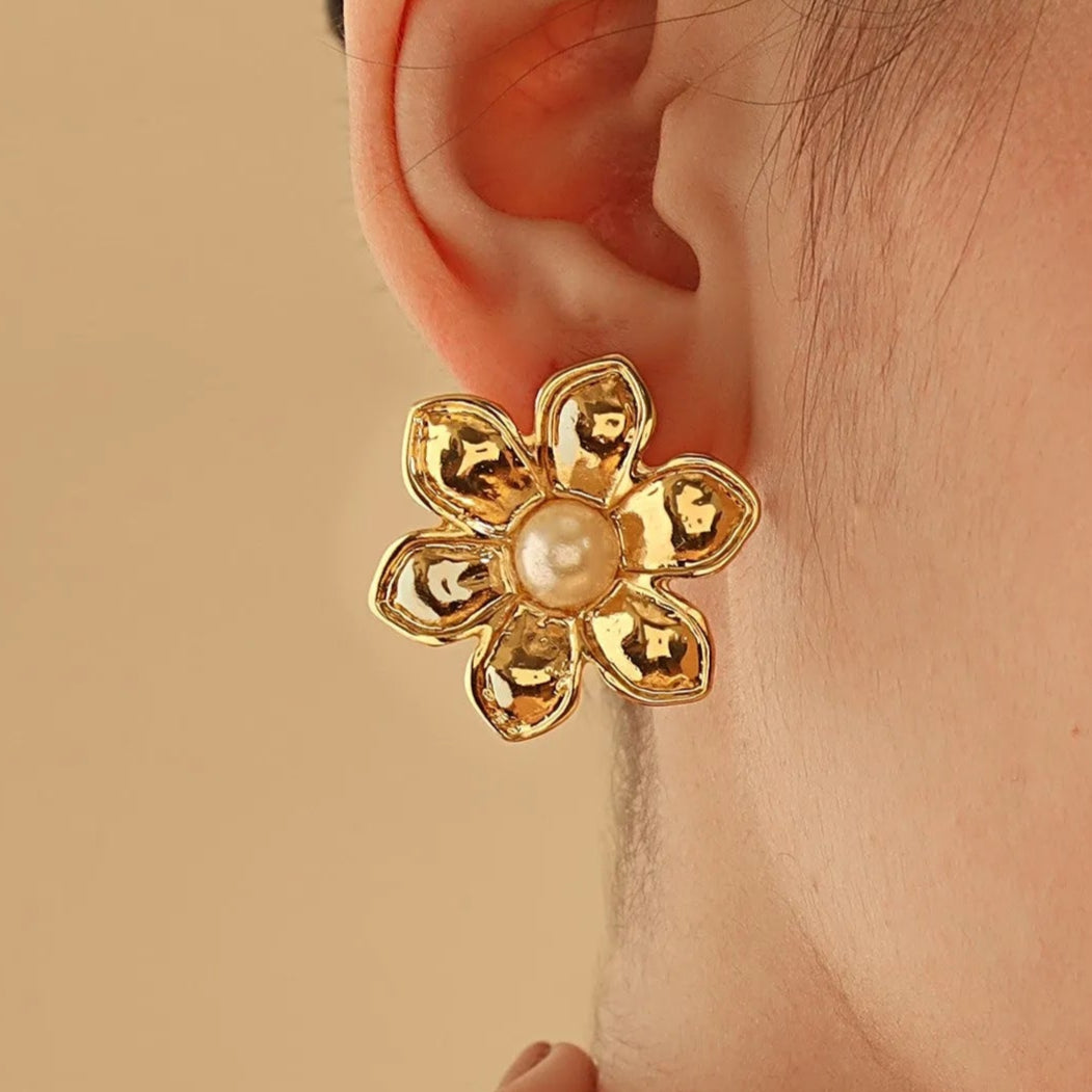 TFC Sunflower Whisperers Gold Plated Pearl Stud Earrings- Discover daily wear gold earrings including stud earrings, hoop earrings, and pearl earrings, perfect as earrings for women and earrings for girls.Find the cheapest fashion jewellery which is anti-tarnish only at The Fun company