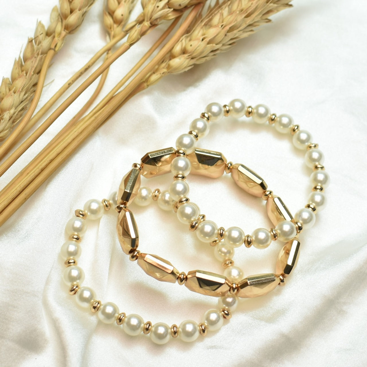 TFC Gold And Pearls Combo Gold Plated Stacked Bracelet (set of 3)