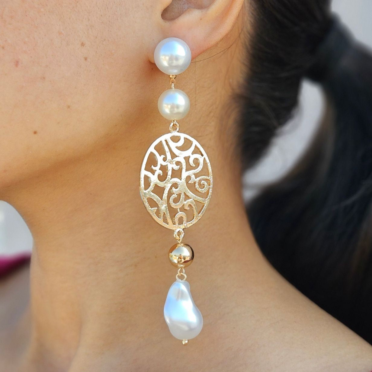 TFC Peart Root Gold Plated Dangler Earrings