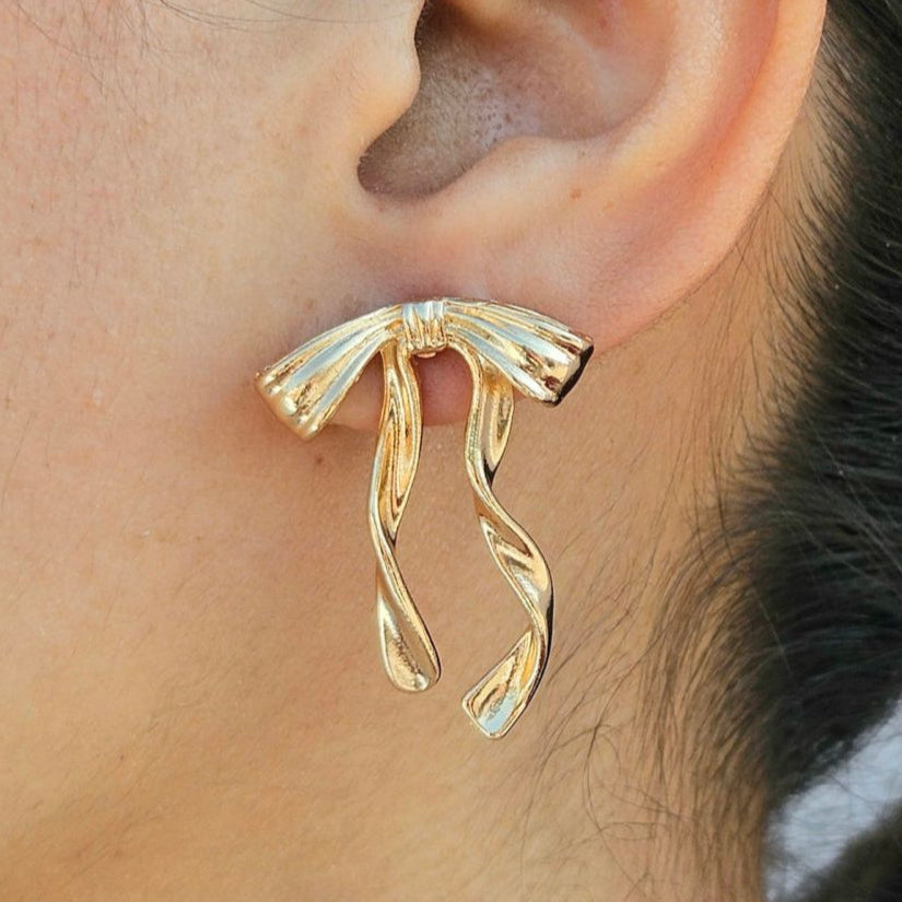 TFC Melted Bow Tie Gold Plated Stud Earrings