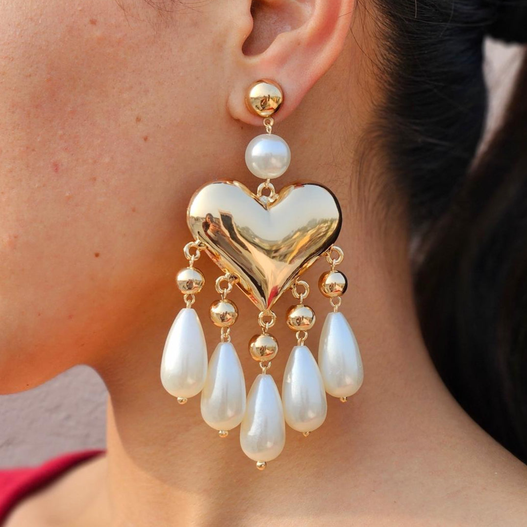 TFC Bold Heart Hanging Pearl Gold Plated Dangler Earrings