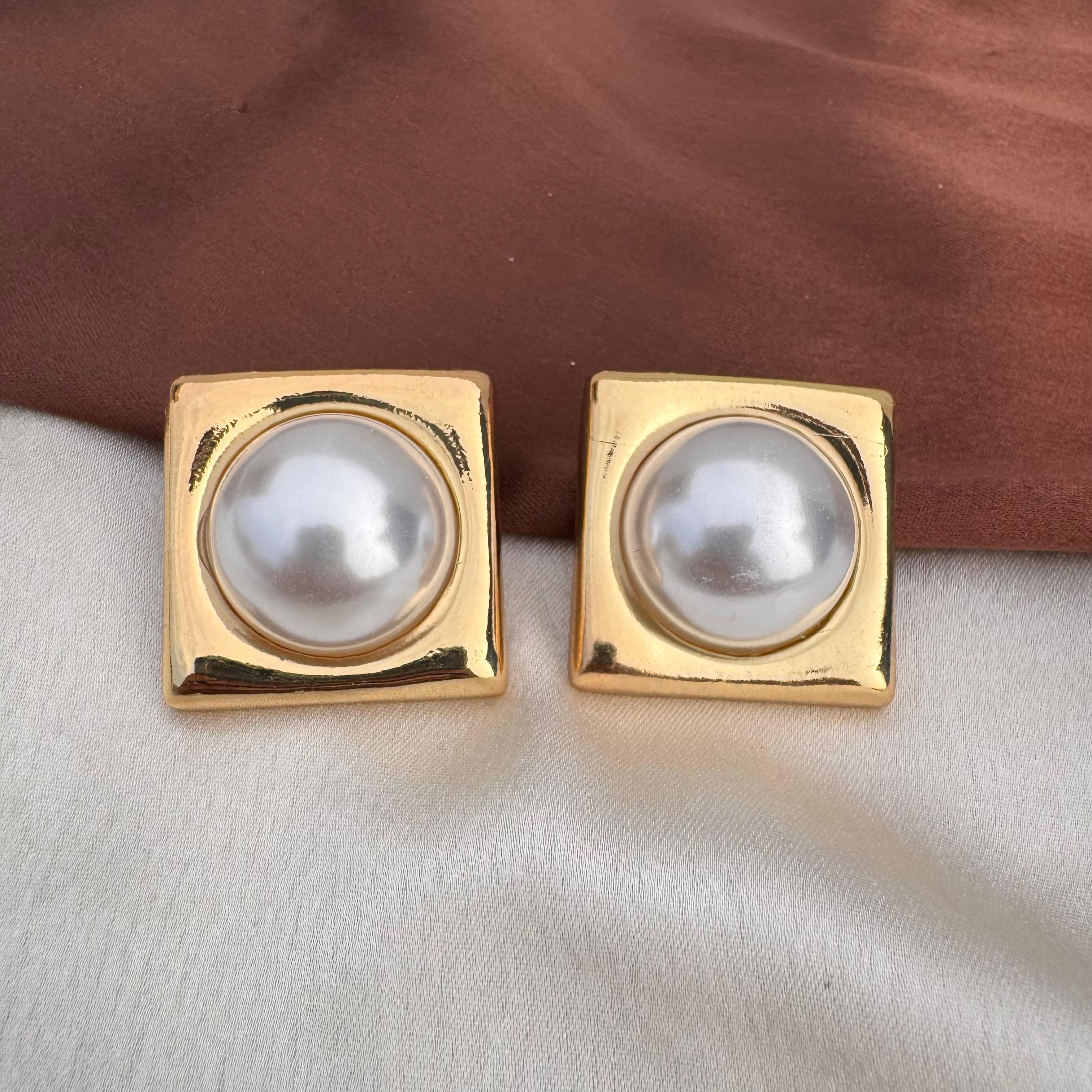 TFC Pearlin in Square Gold Plated Stud Earrings