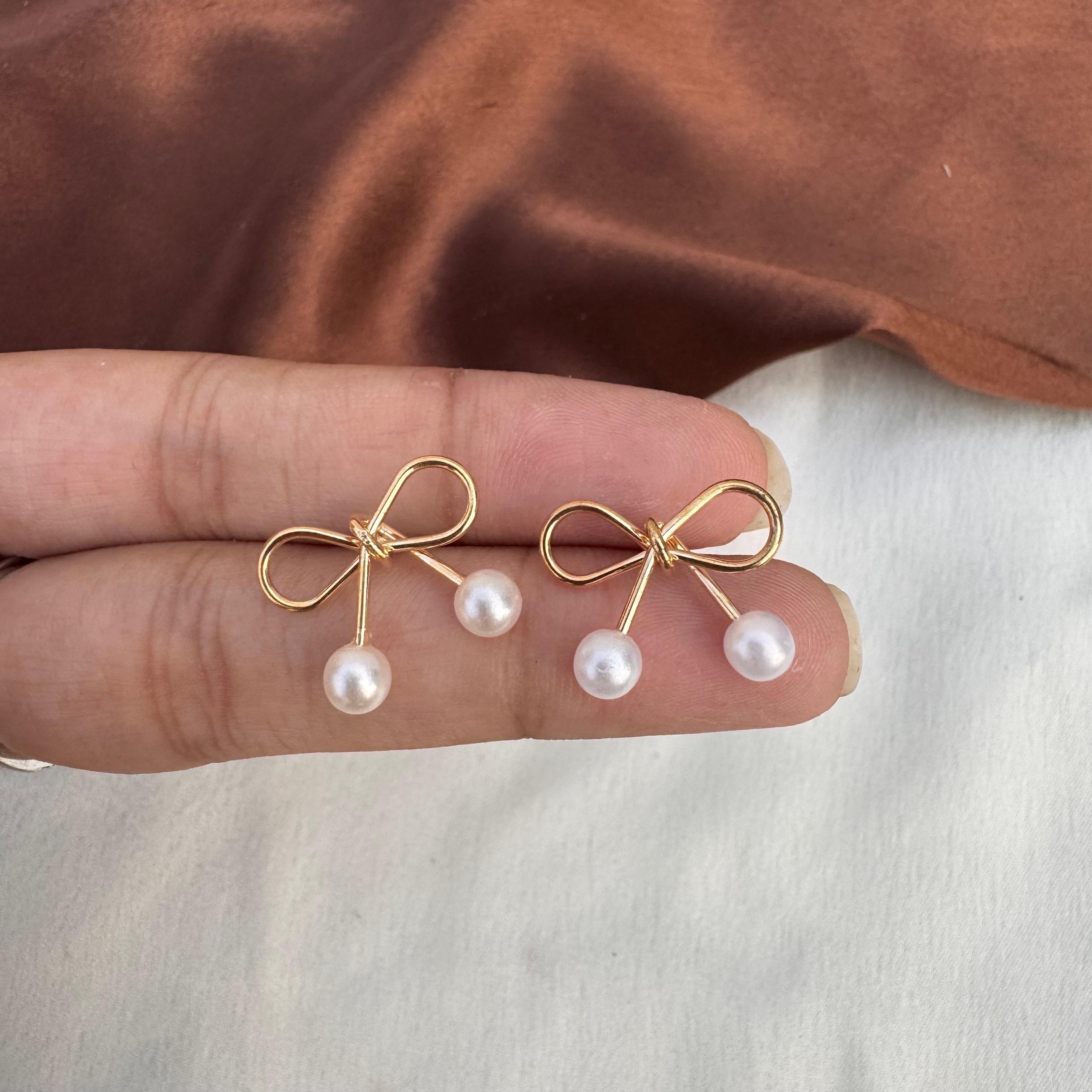 TFC Bow Pearl Gold Plated Stud Earrings