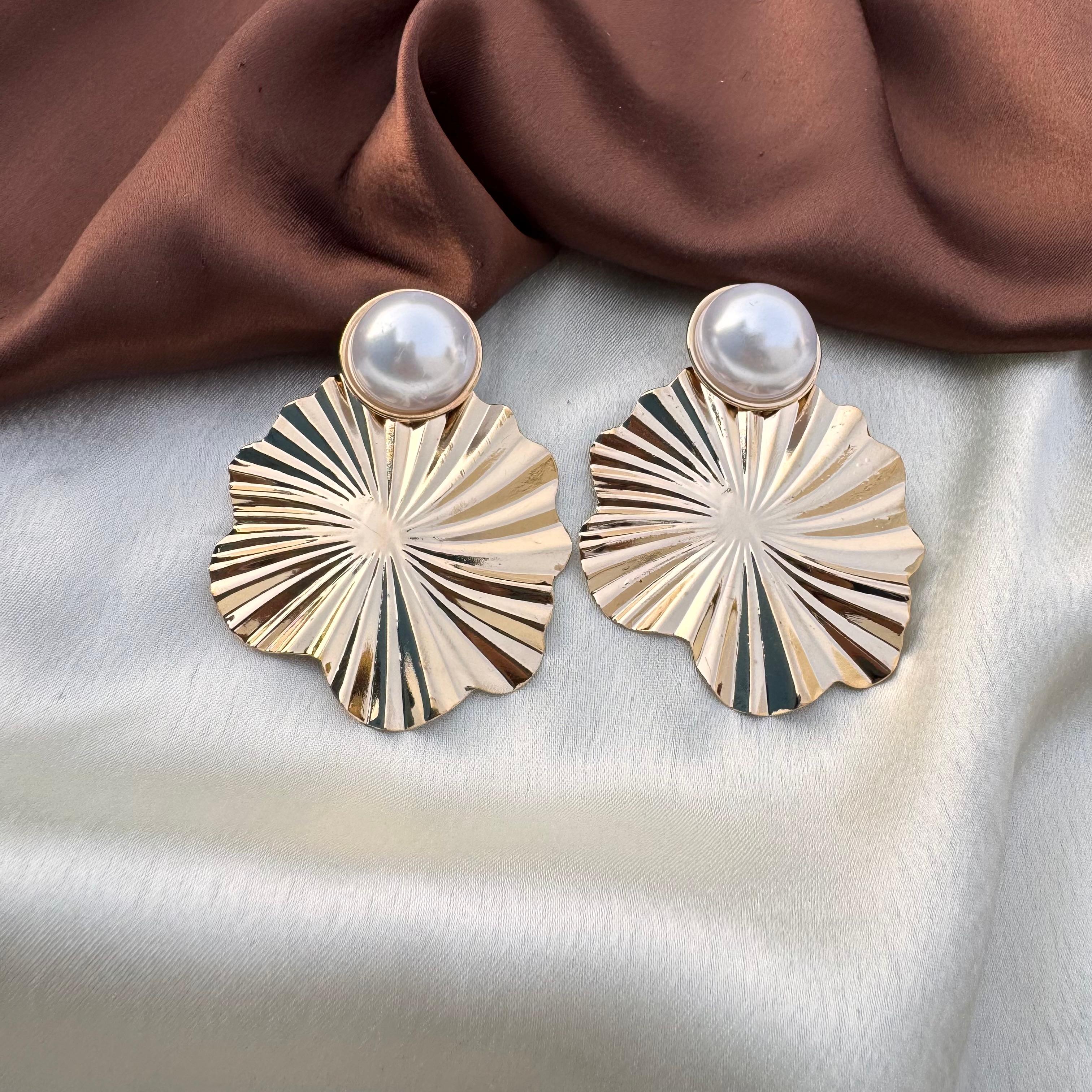TFC Pearl Fan Gold Plated Dangler Earrings