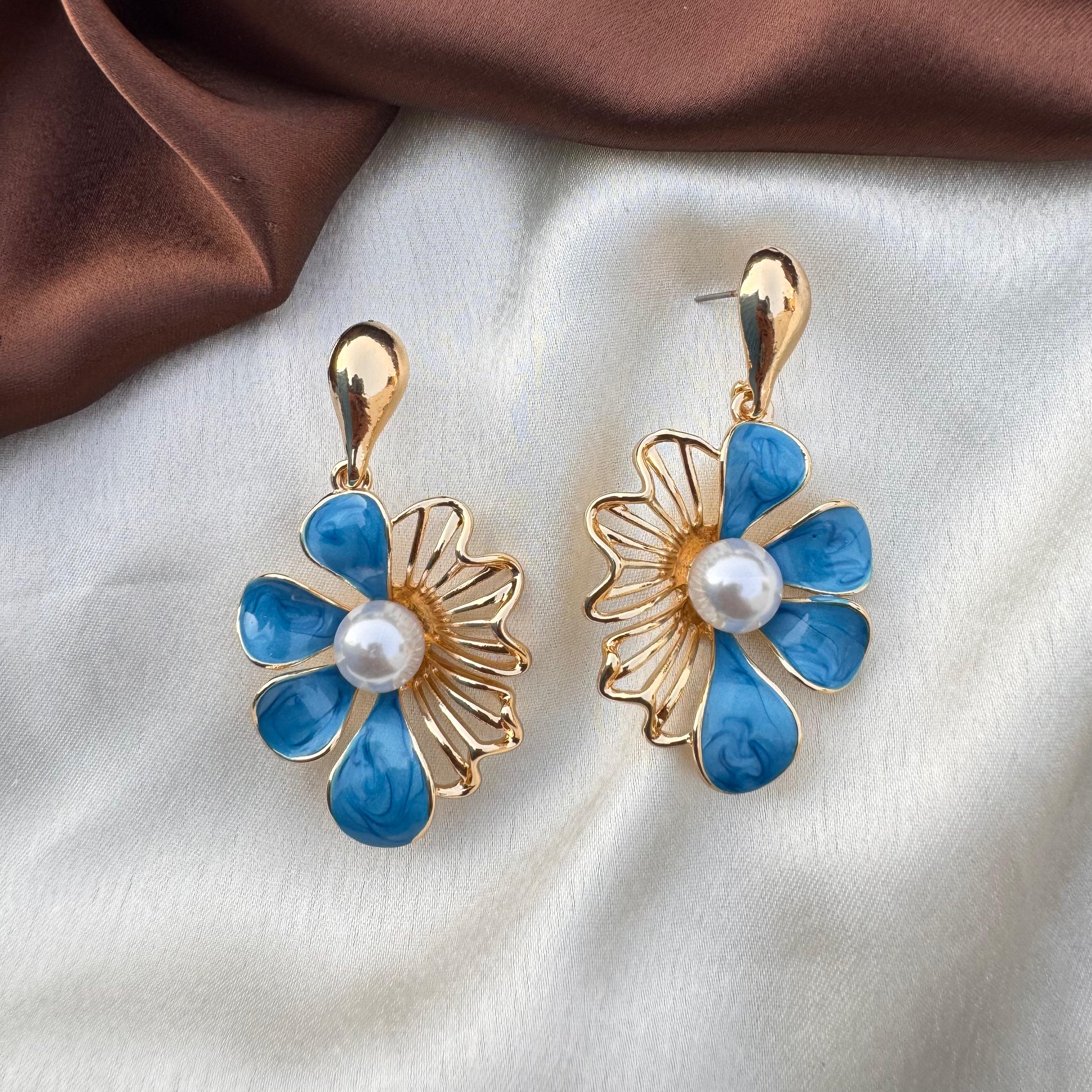 TFC Sea Blue Gold Plated Dangler Earrings