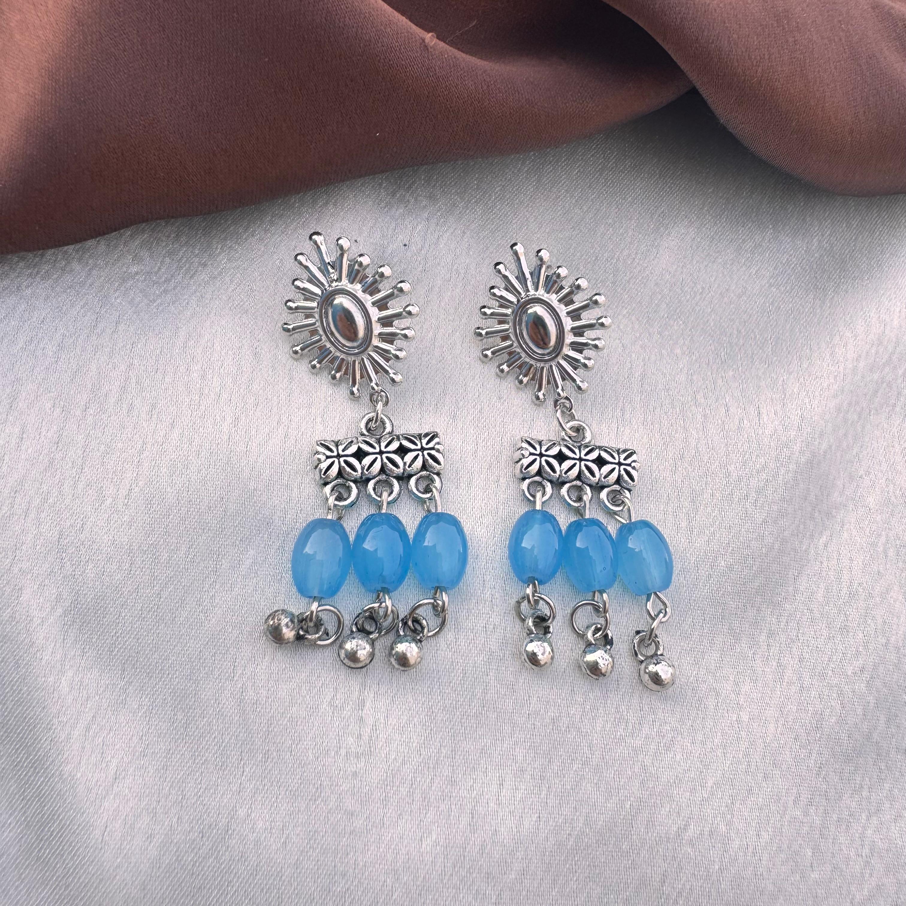 TFC Sky Blue Bead Oxidised Silver Dangler Earrings
