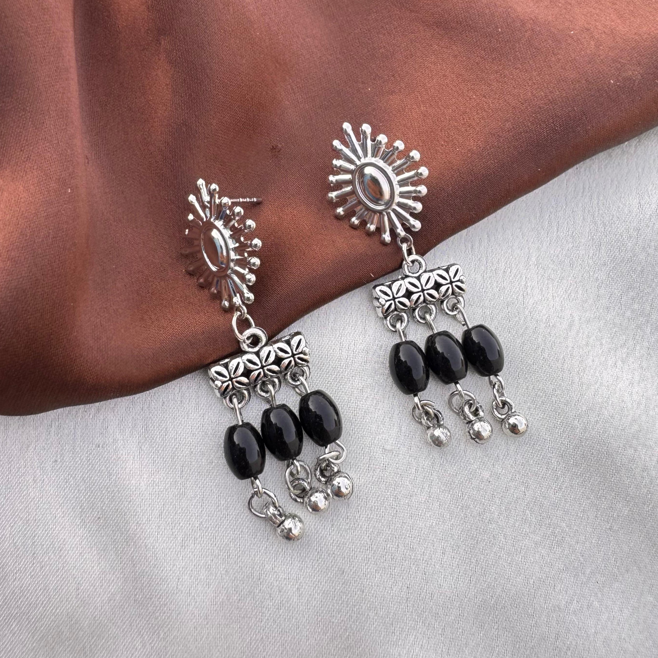 TFC Obsidian Bead Oxidised Silver Plated Dangler Earrings