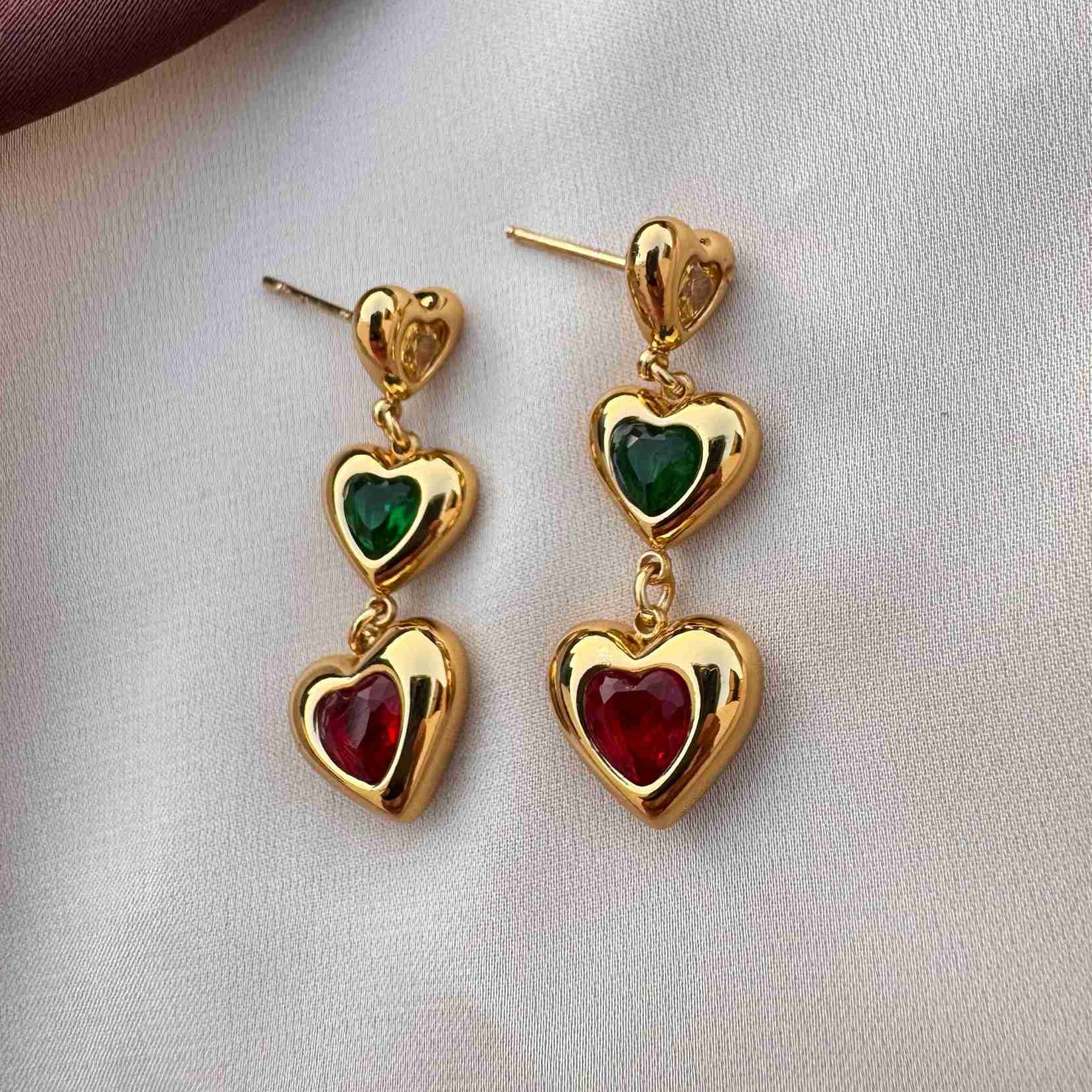 TFC Red & Green Heart Gold Plated Dangler Earrings