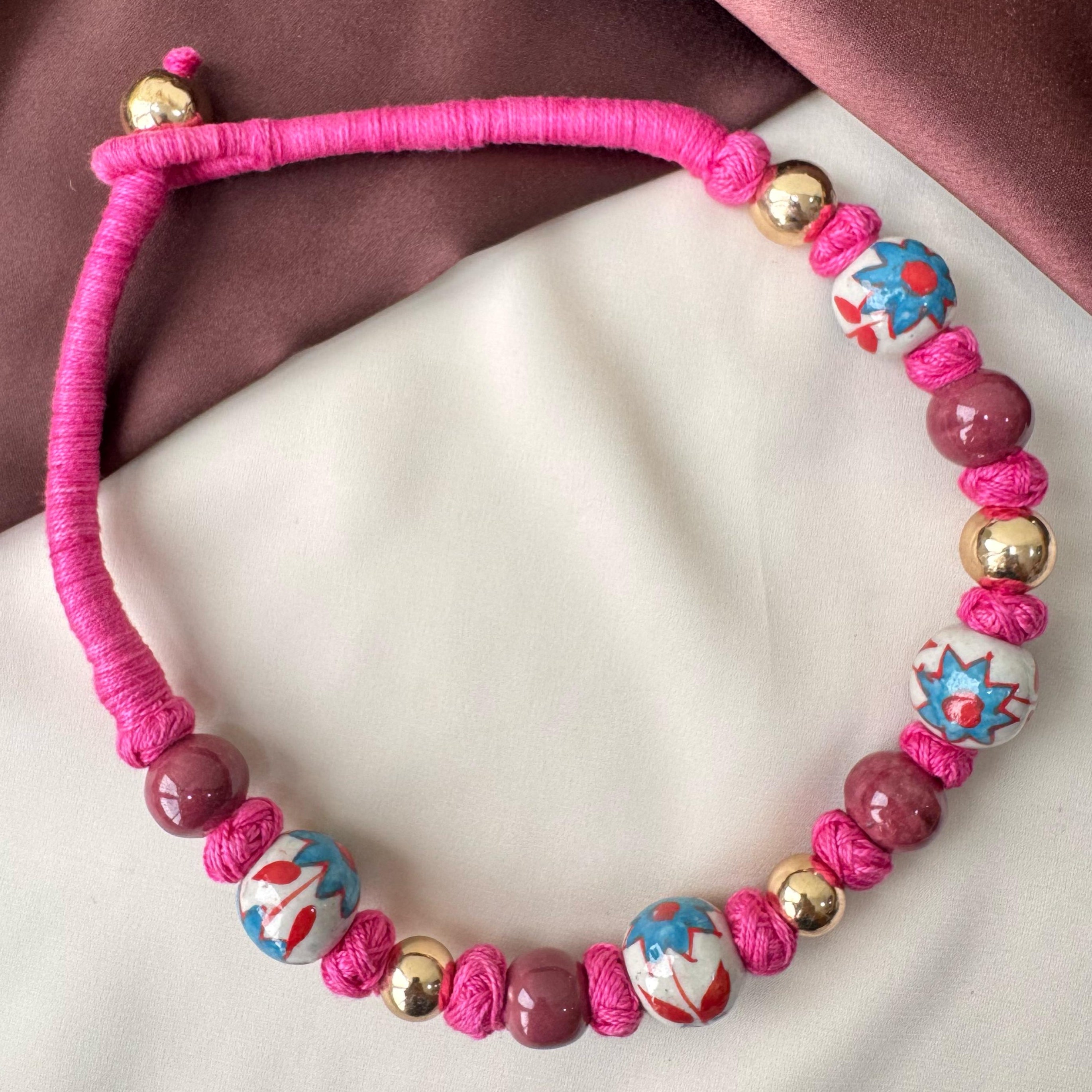 TFC Pink And Blue Patwa Art Gold Plated Necklace