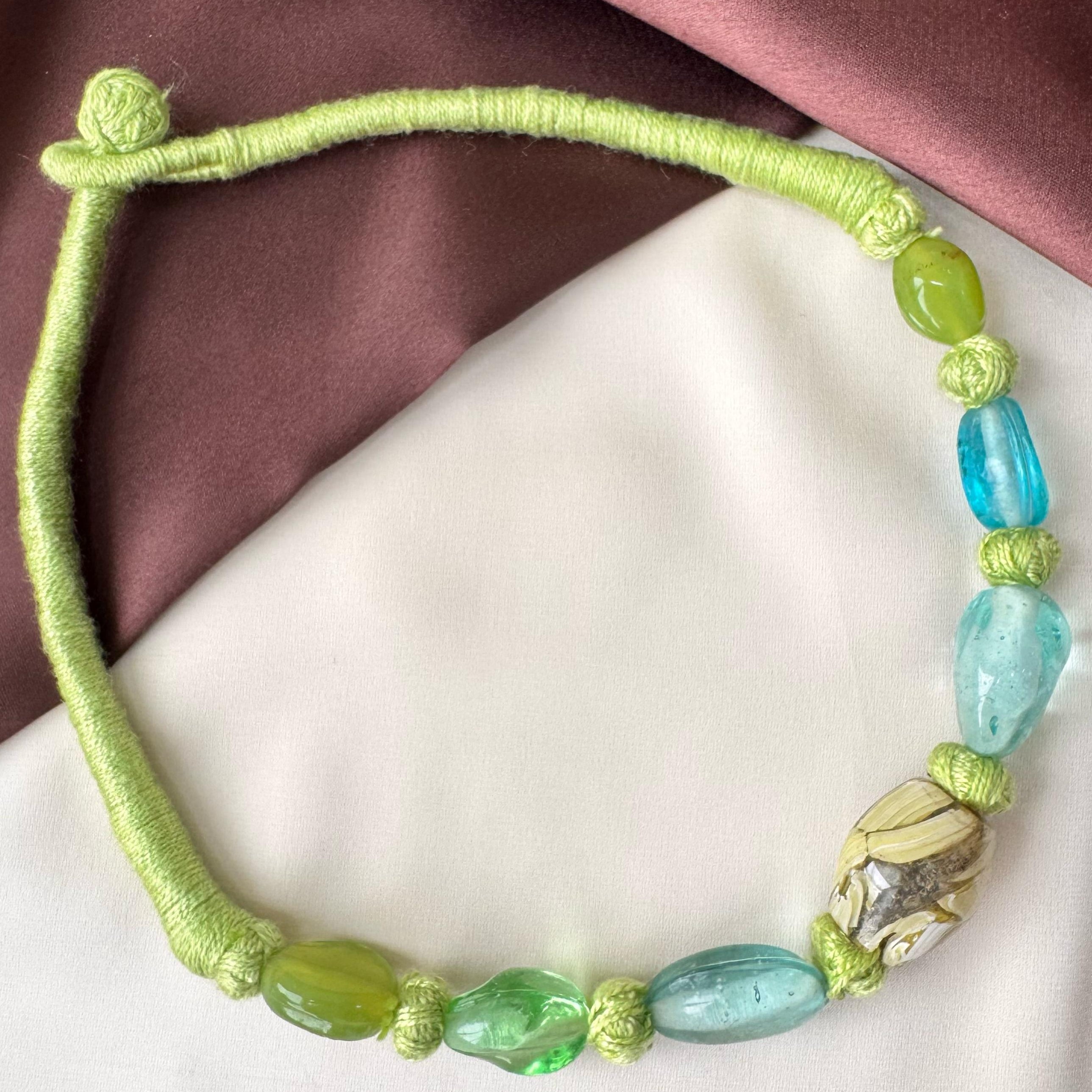 TFC Mix Beads Green And Blue Patwa Art Necklace