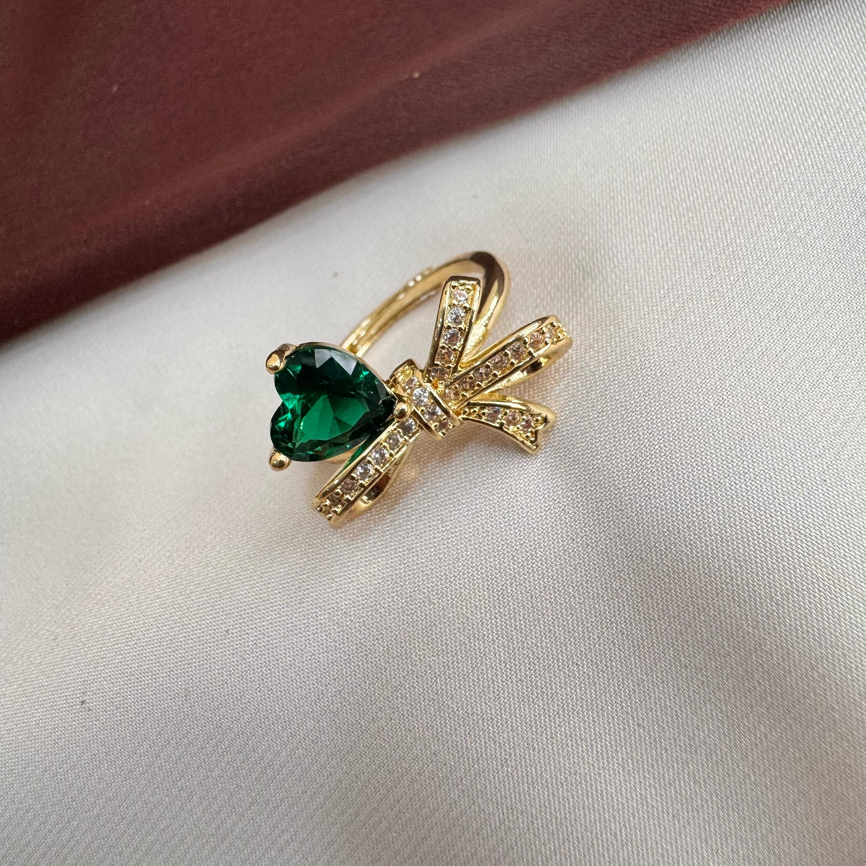 TFC Green Heart Bow Adjustable Gold Plated Ring