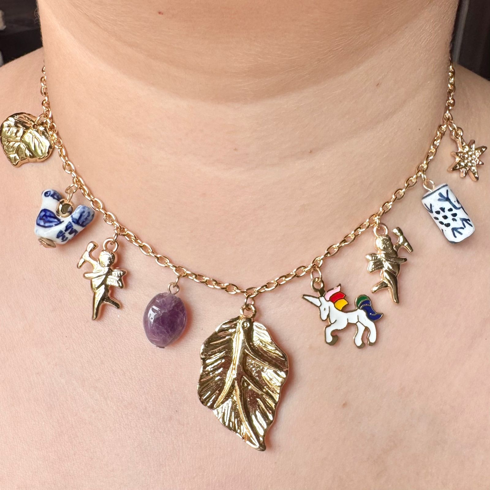 TFC Leaf Multi Charms Gold Plated Necklace