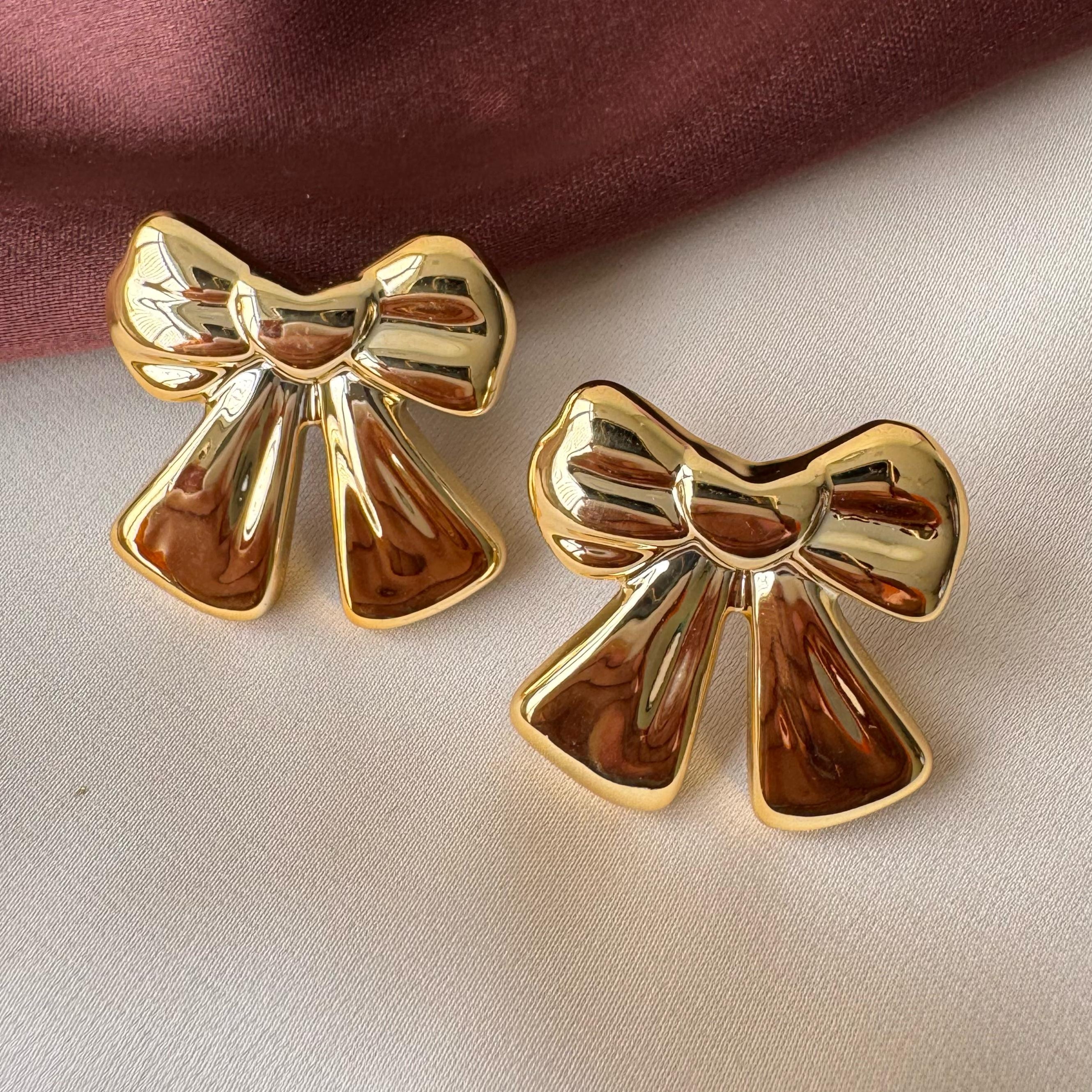 TFC Lining Bow Gold Plated Stud Earrings