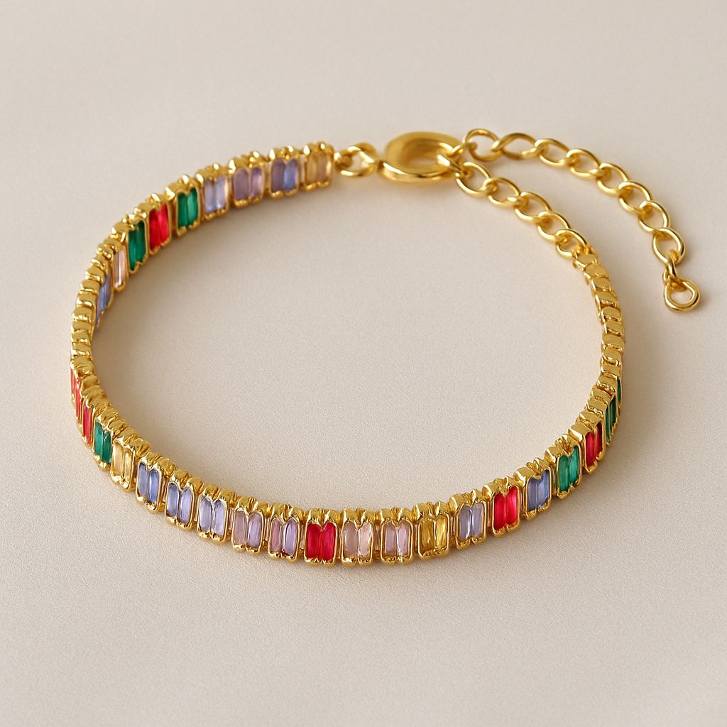 TFC Length 16 cm Recto Mini Multi Stone Gold Plated Chain Bracelet