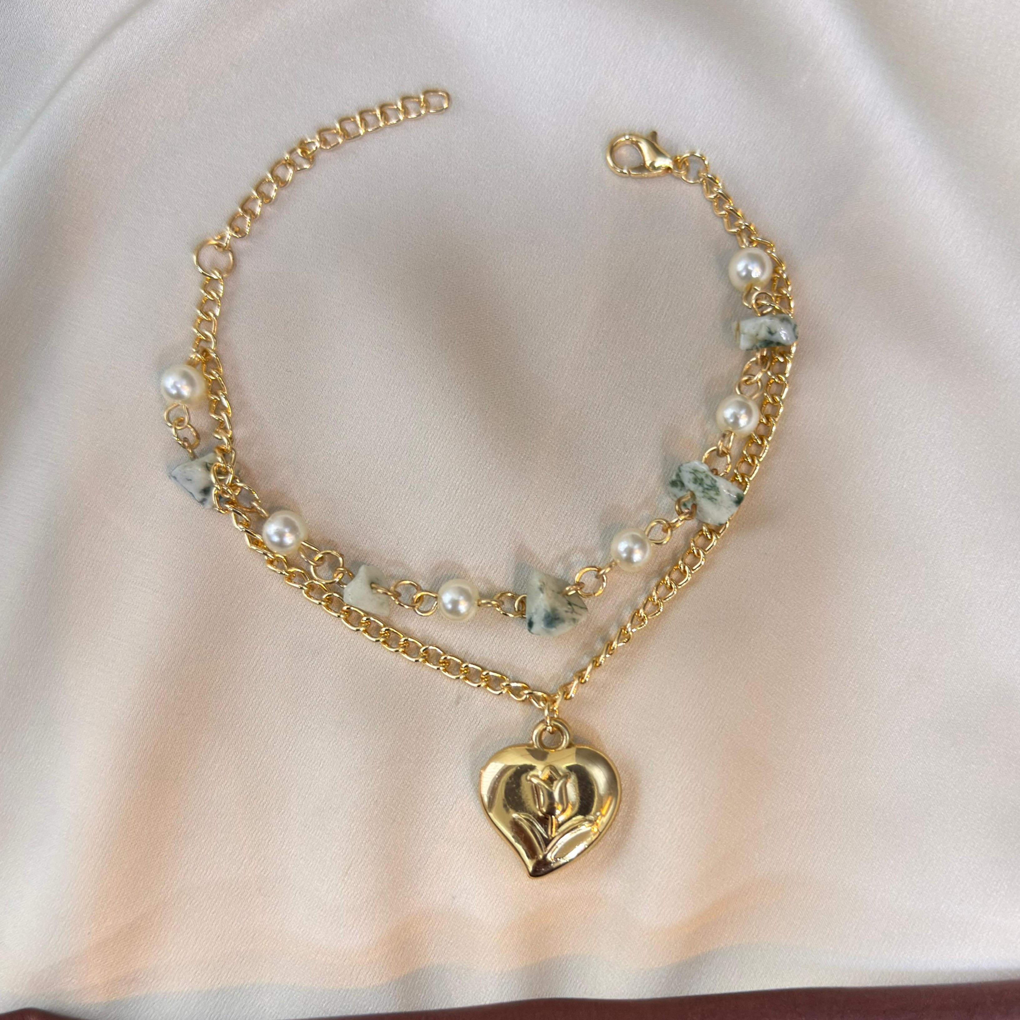 TFC Heart & Pearl Bead Gold Plated Layered Bracelet