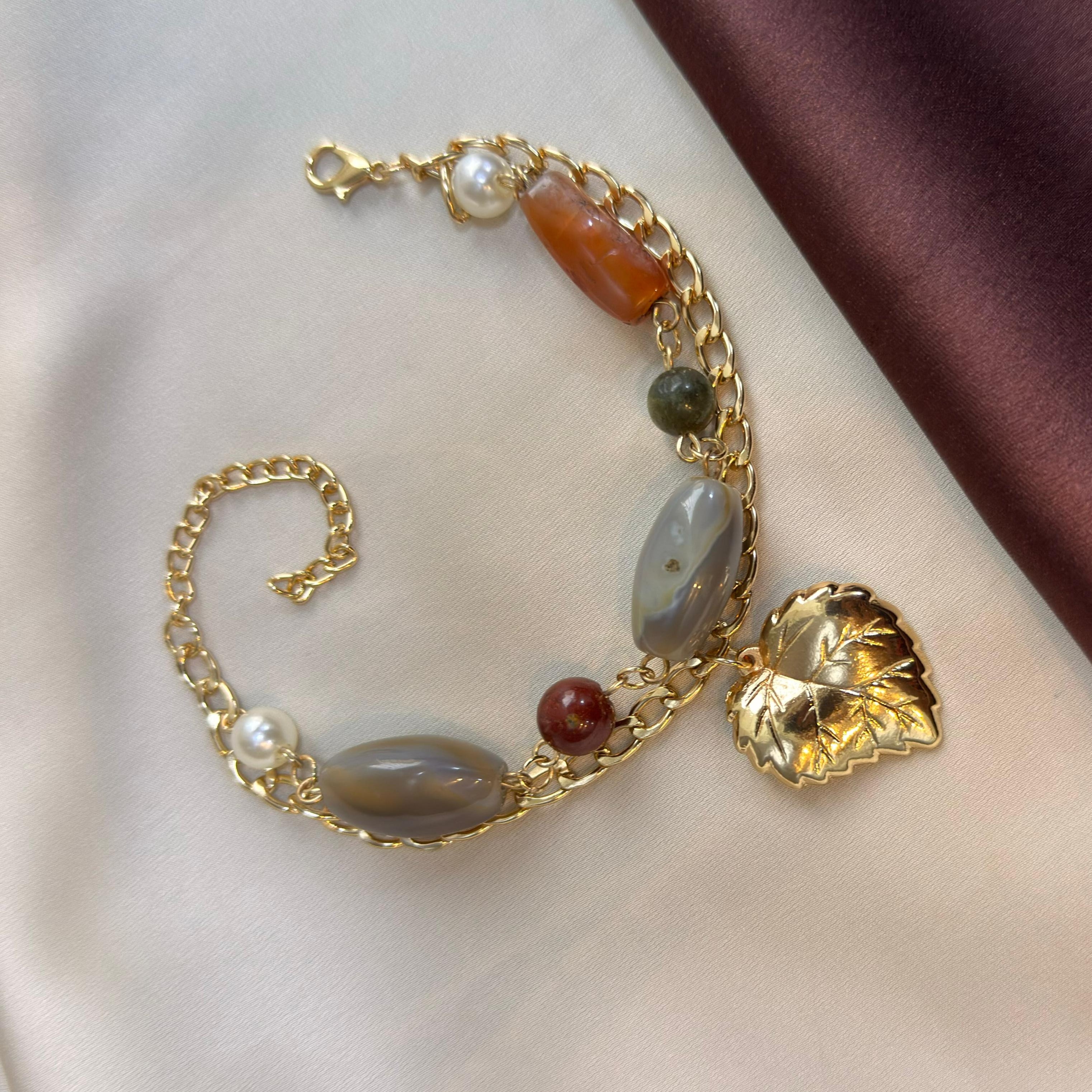 TFC Leaf & Grey Bead Gold Plated Layered Bracelet