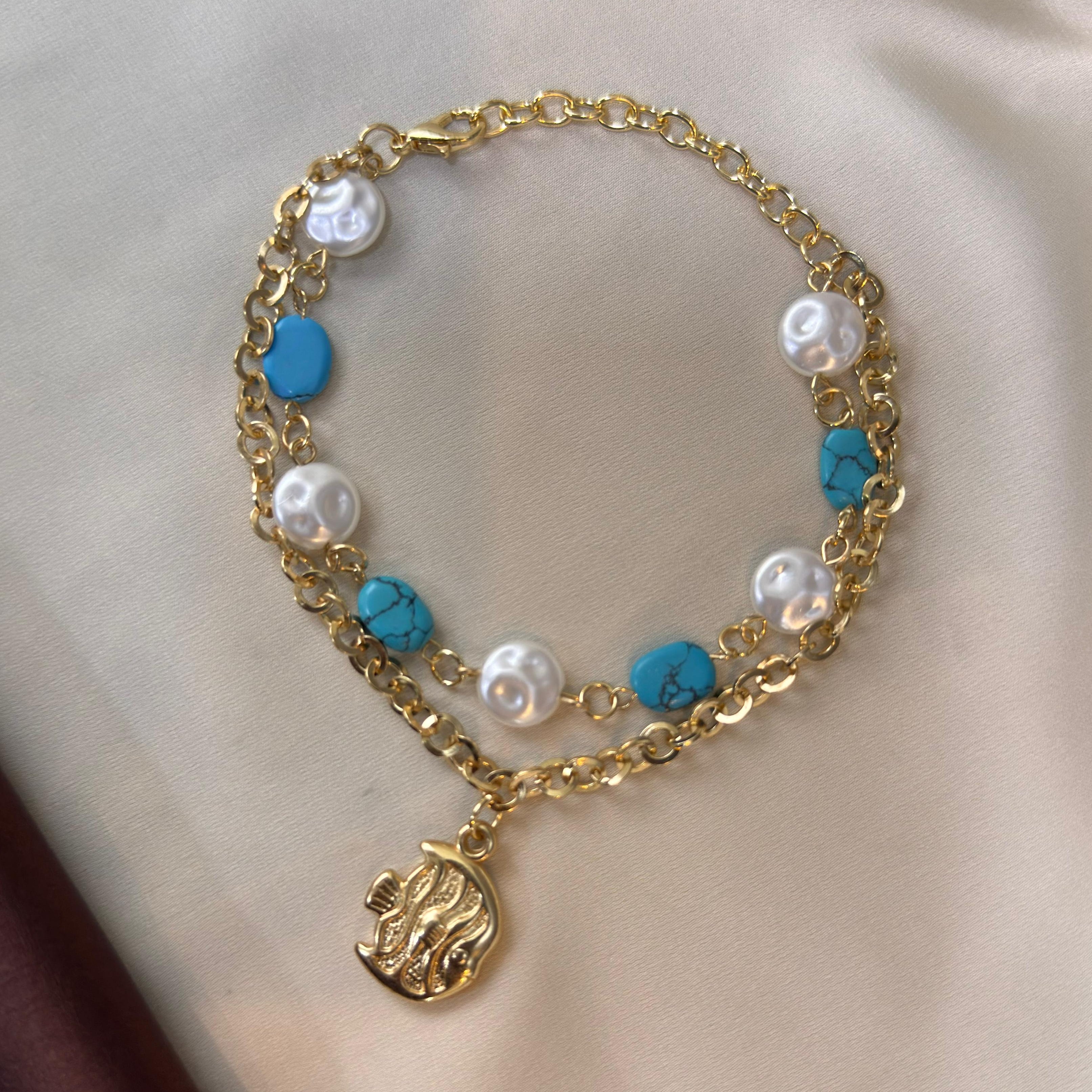 TFC Fish & Blue Bead Gold Plated Layered Bracelet