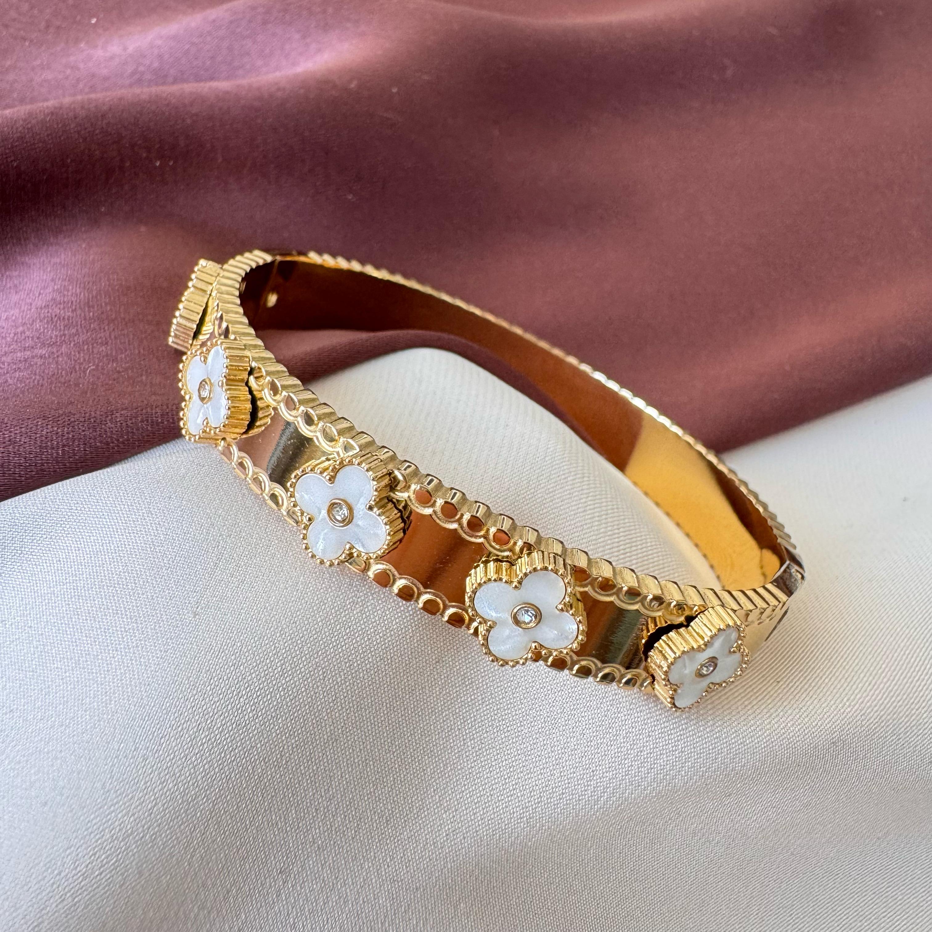 TFC Size 2.6 White Gem Flower Gold Plated Bracelet Bangle