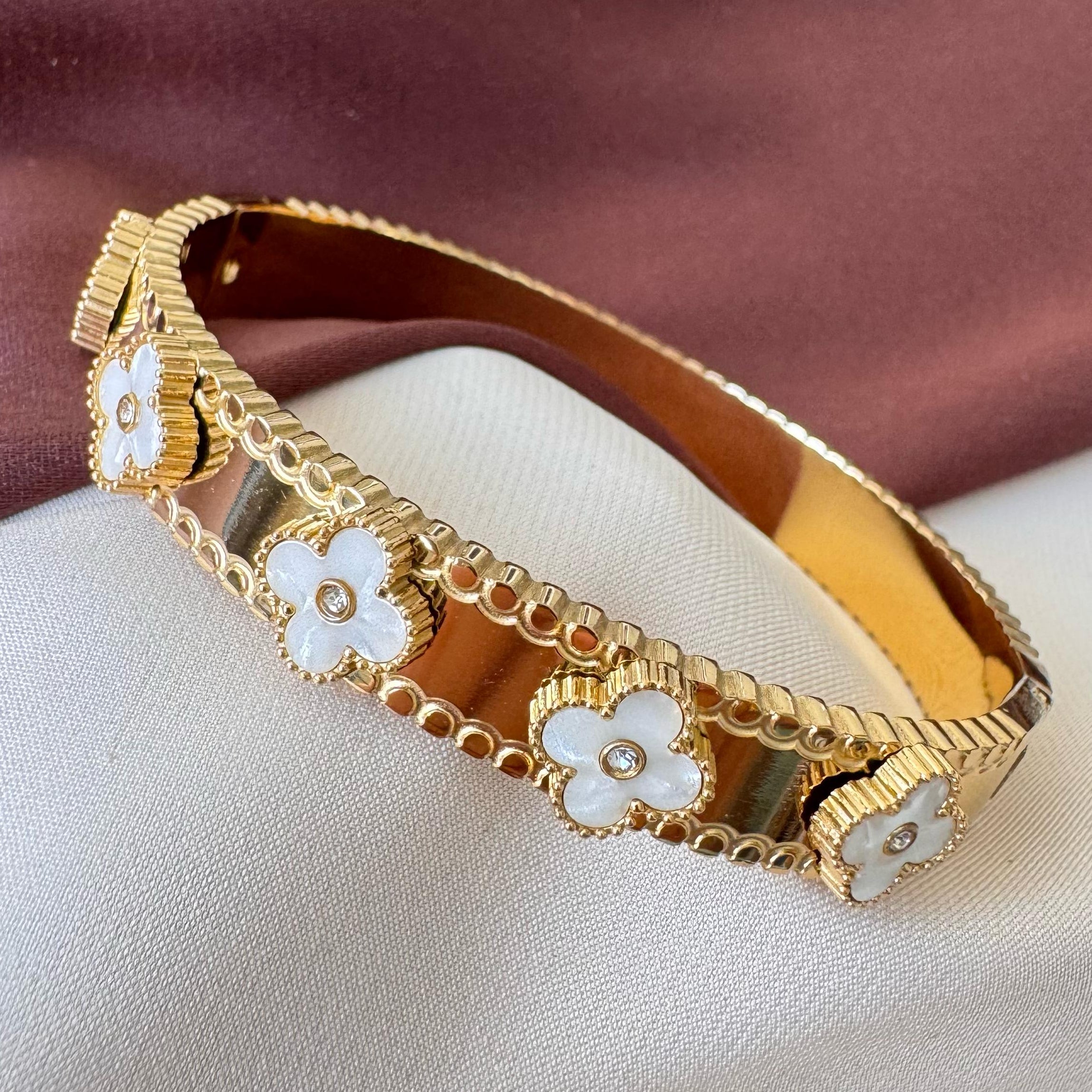 TFC Size 2.6 White Gem Flower Gold Plated Bracelet Bangle