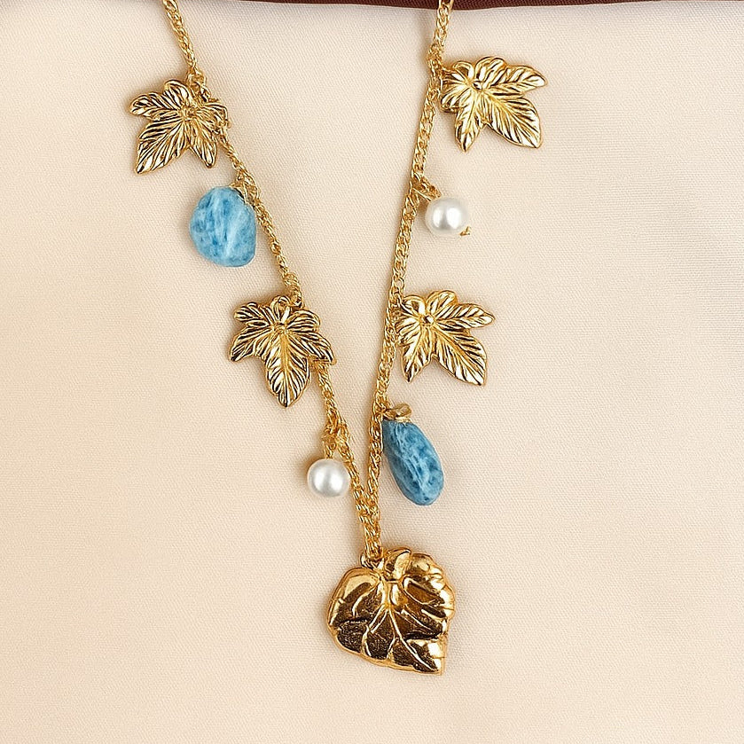 TFC Leaf Blue Charm Gold Plated Necklace