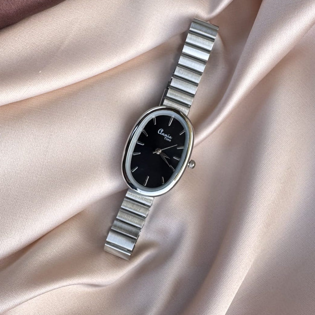 TFC Black Long Oval Silver Plated Watch