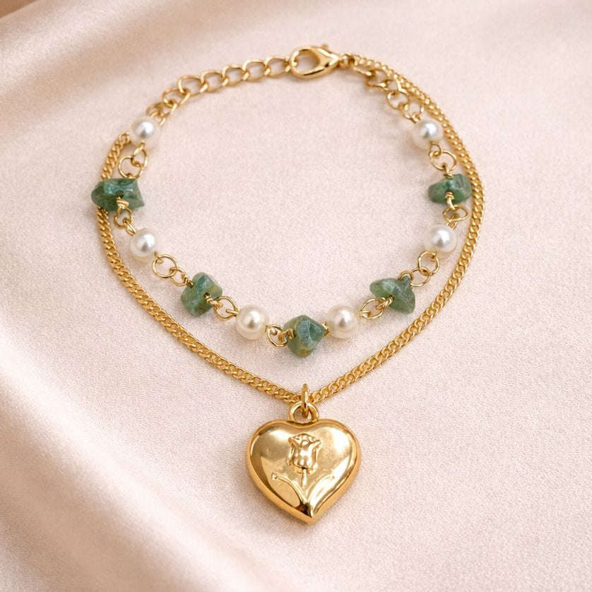 TFC Heart & Pearl Bead Gold Plated Layered Bracelet
