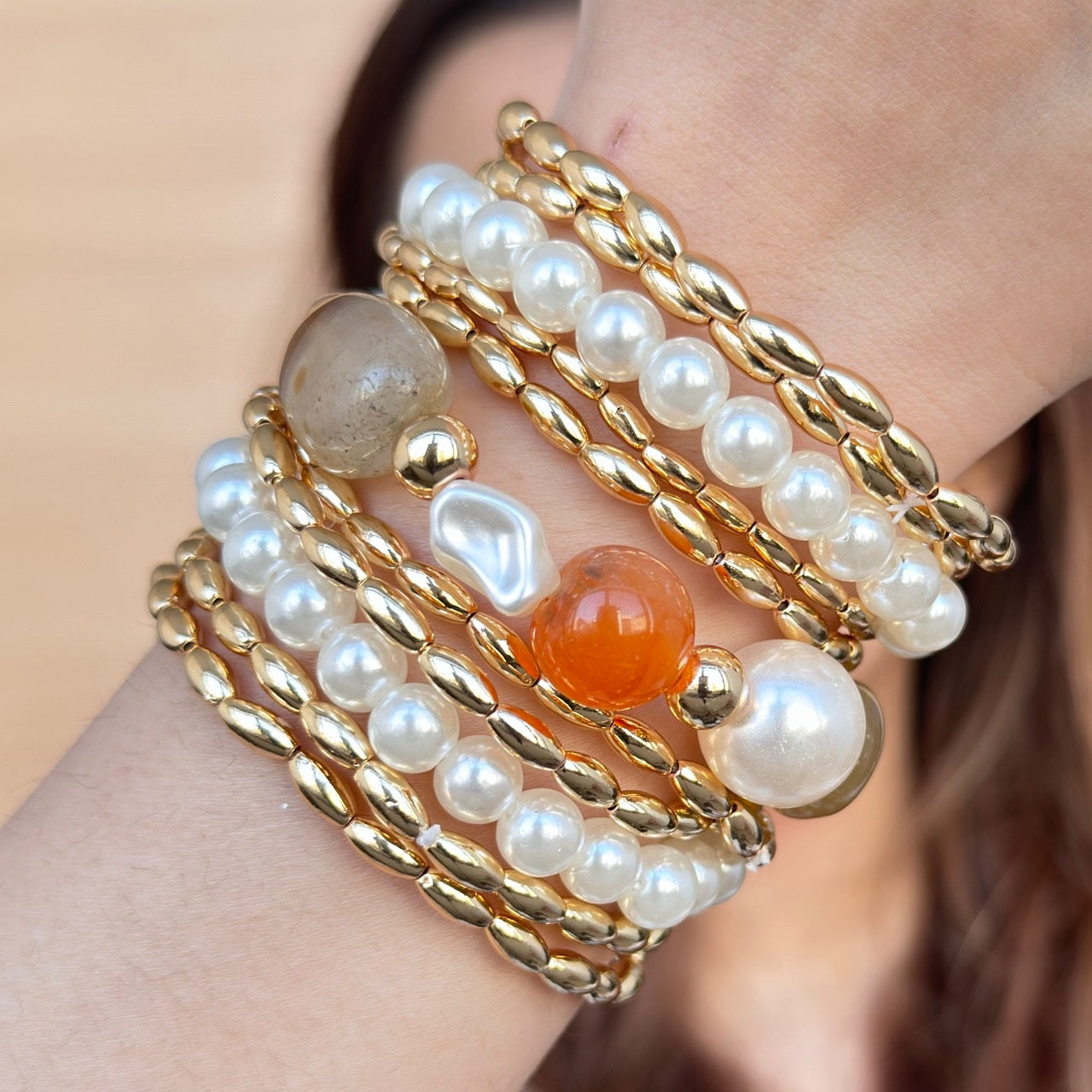 TFC Pearl and Stone Layered Bracelet (set of 11)