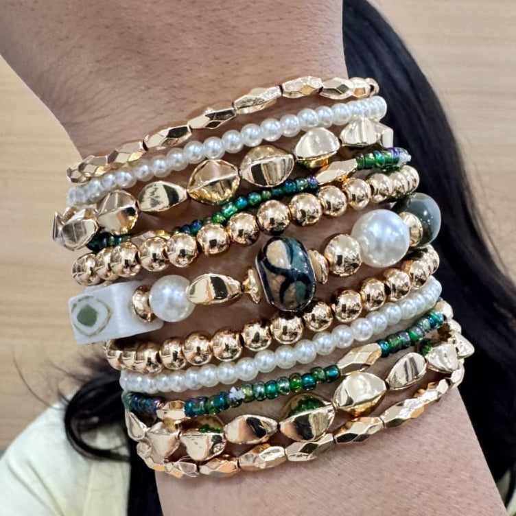 TFC Mini Forest Green Beaded Gold Plated Bracelet (Set of 11)