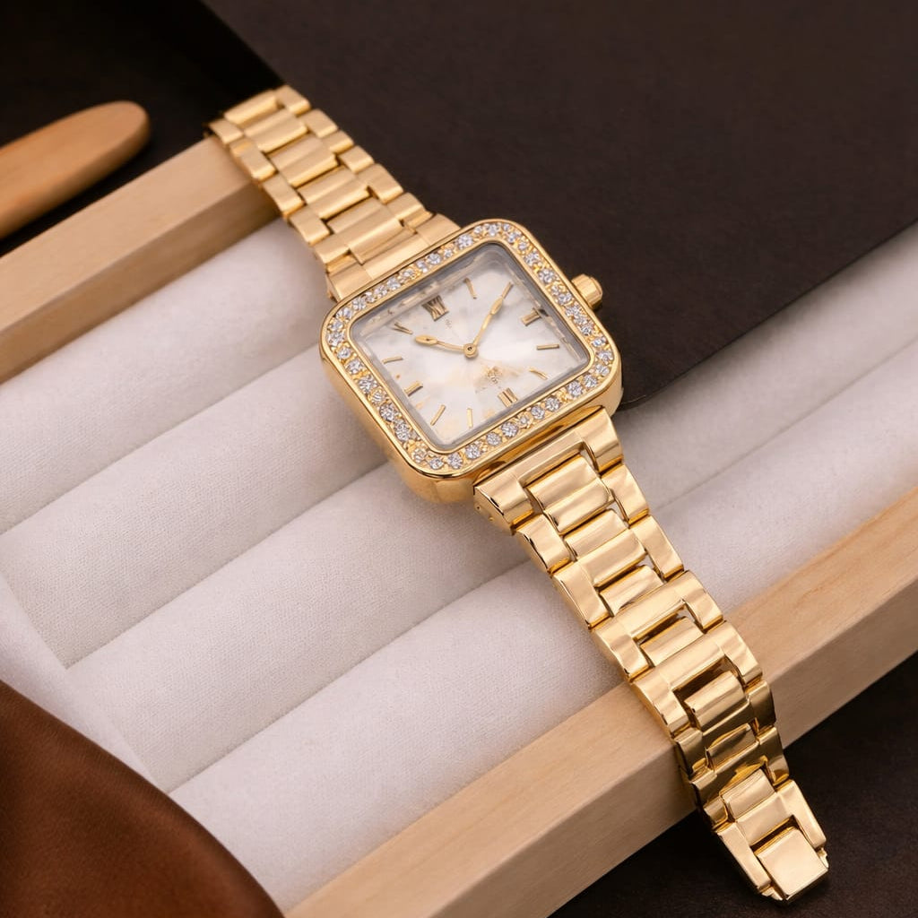 TFC Square Stone Gold Plated Wrist Watch