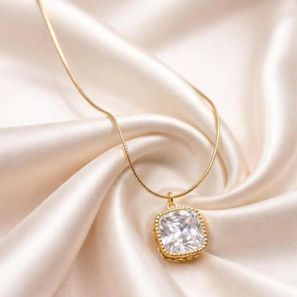 TFC Square White Stone Gold Plated Pendant Necklace