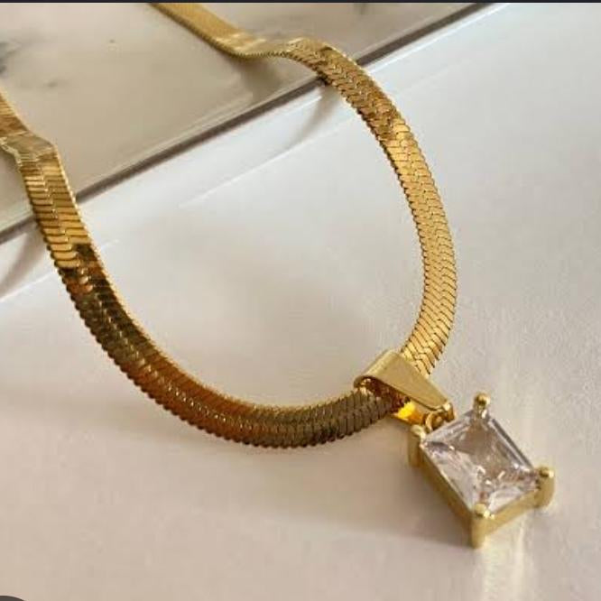 TFC Rectangle White Stone Gold Plated Pendant Necklace