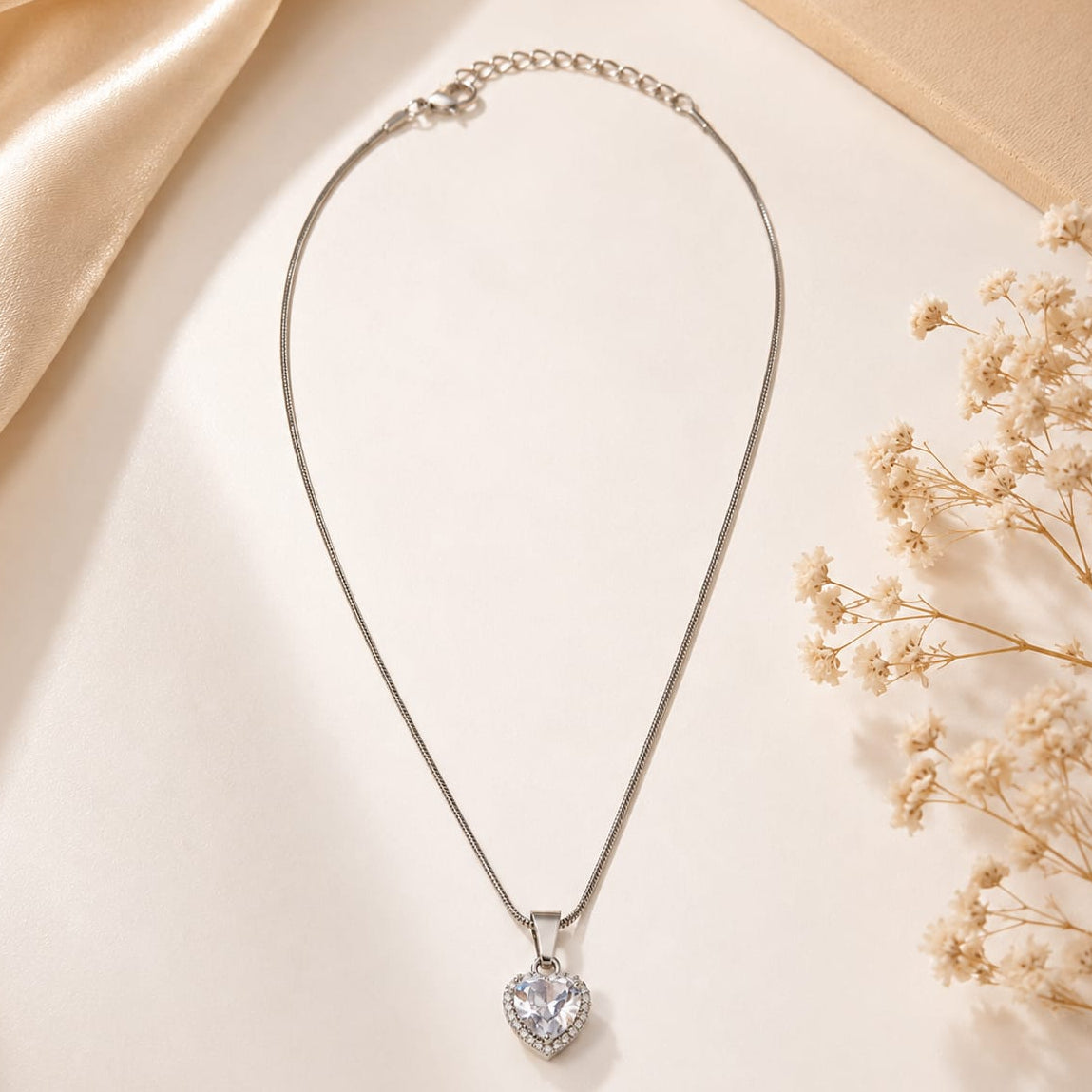 TFC Heart White Stone Silver Plated Pendant Necklace