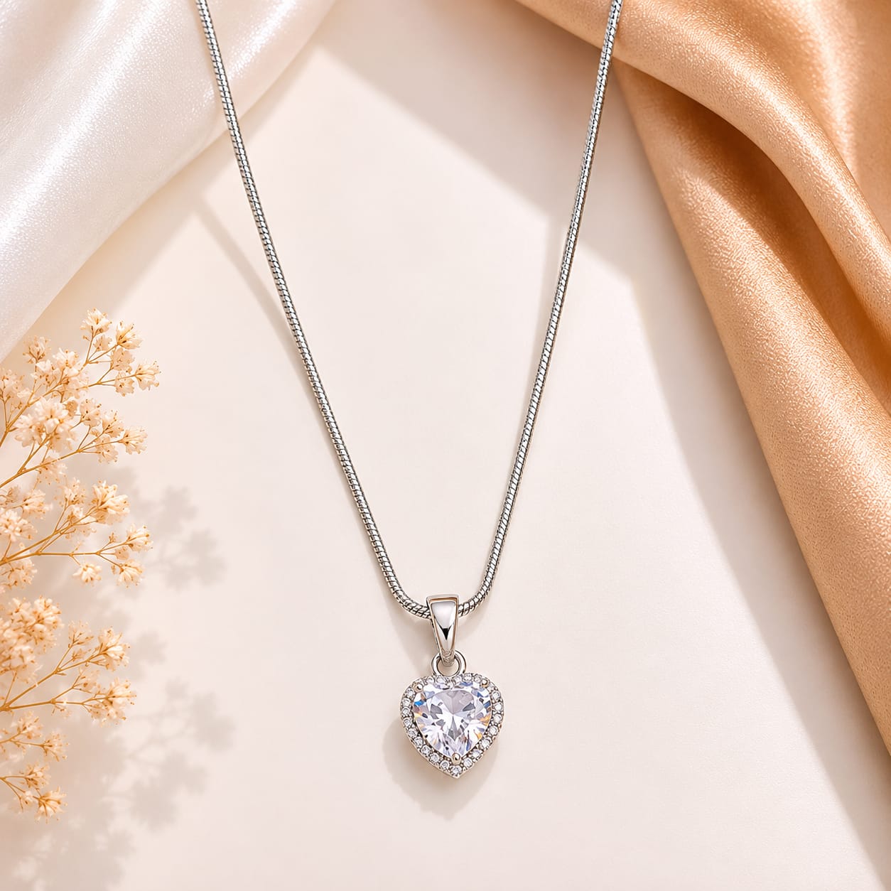 TFC Heart White Stone Silver Plated Pendant Necklace