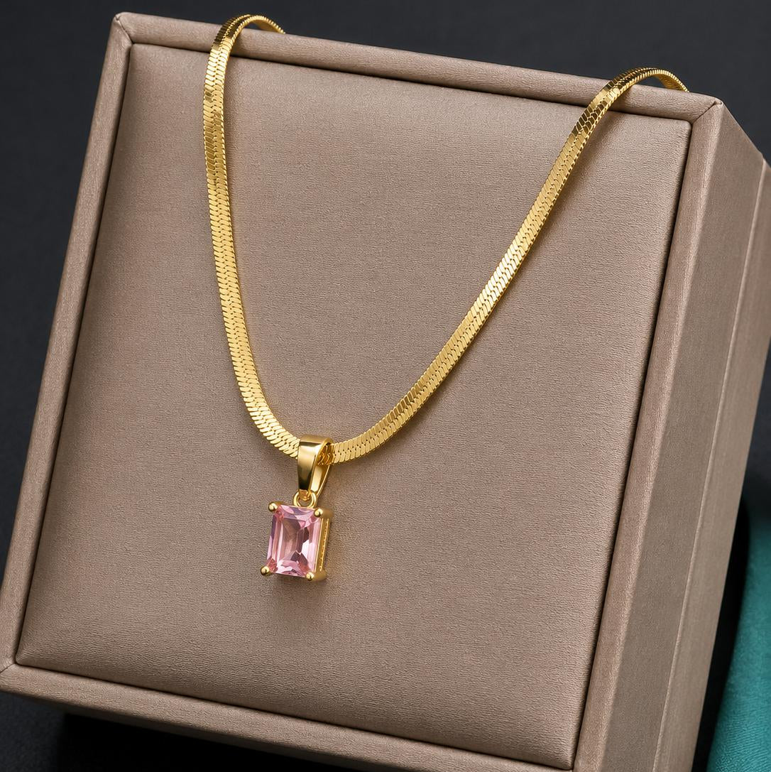 TFC Pink Stone Gold Plated Pendant Necklace