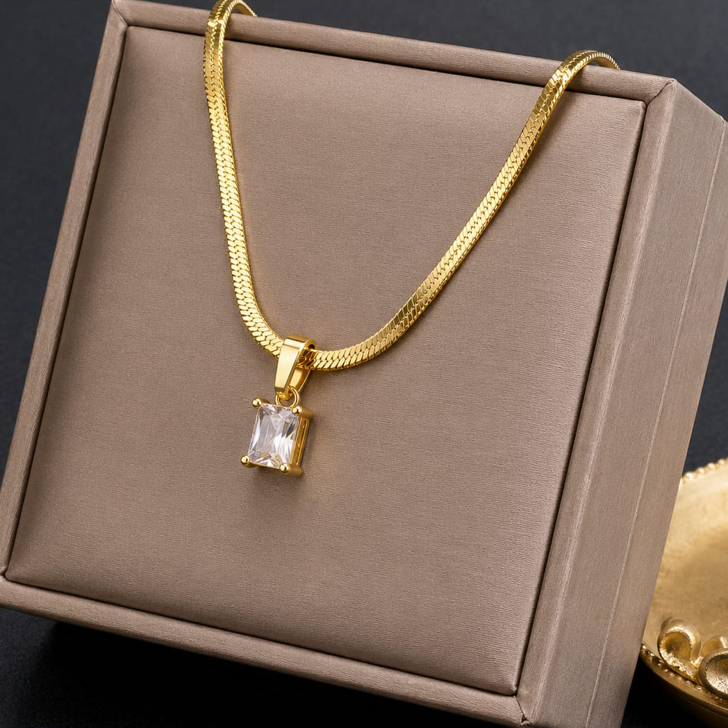 TFC Rectangle White Stone Gold Plated Pendant Necklace