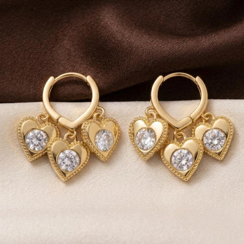 TFC 3 Stone Heart Gold Plated Earrings