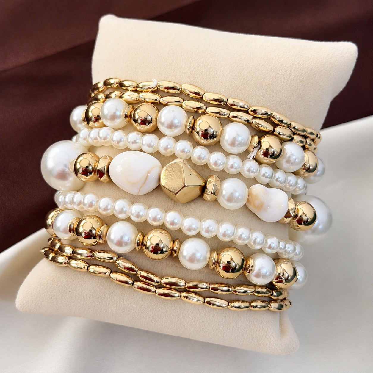 TFC Stretchable Ivory Bead Gold Plated Bracelet (set of 9)