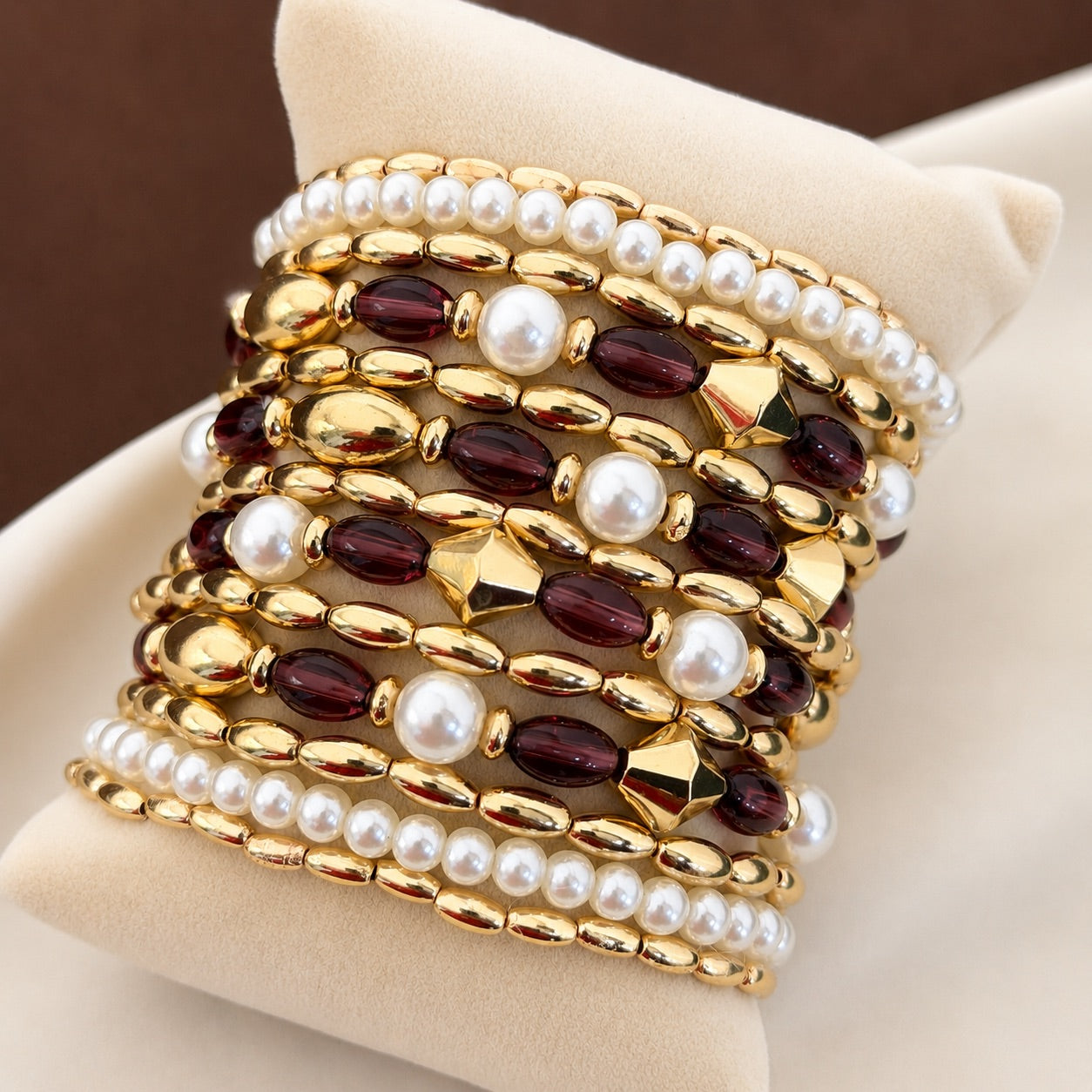TFC Stretchable Maroon Majesty Gold Plated Bracelet (set of 13)