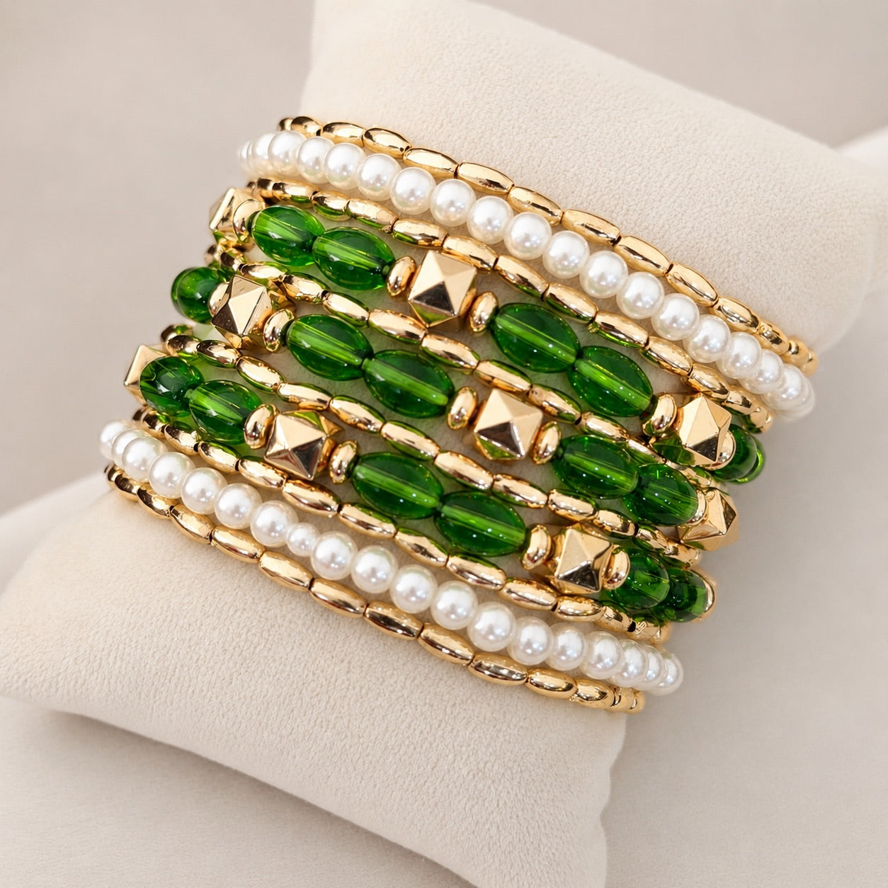 TFC Stretchable Green Glass Gold Plated Bracelet (set of 11)