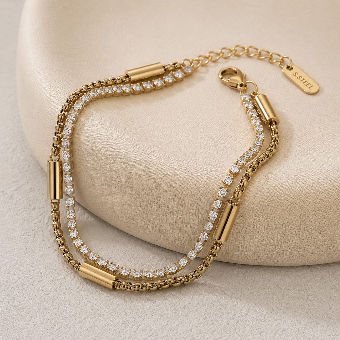 TFC Tennis White Stone Gold Plated Chain Layered Bracelet