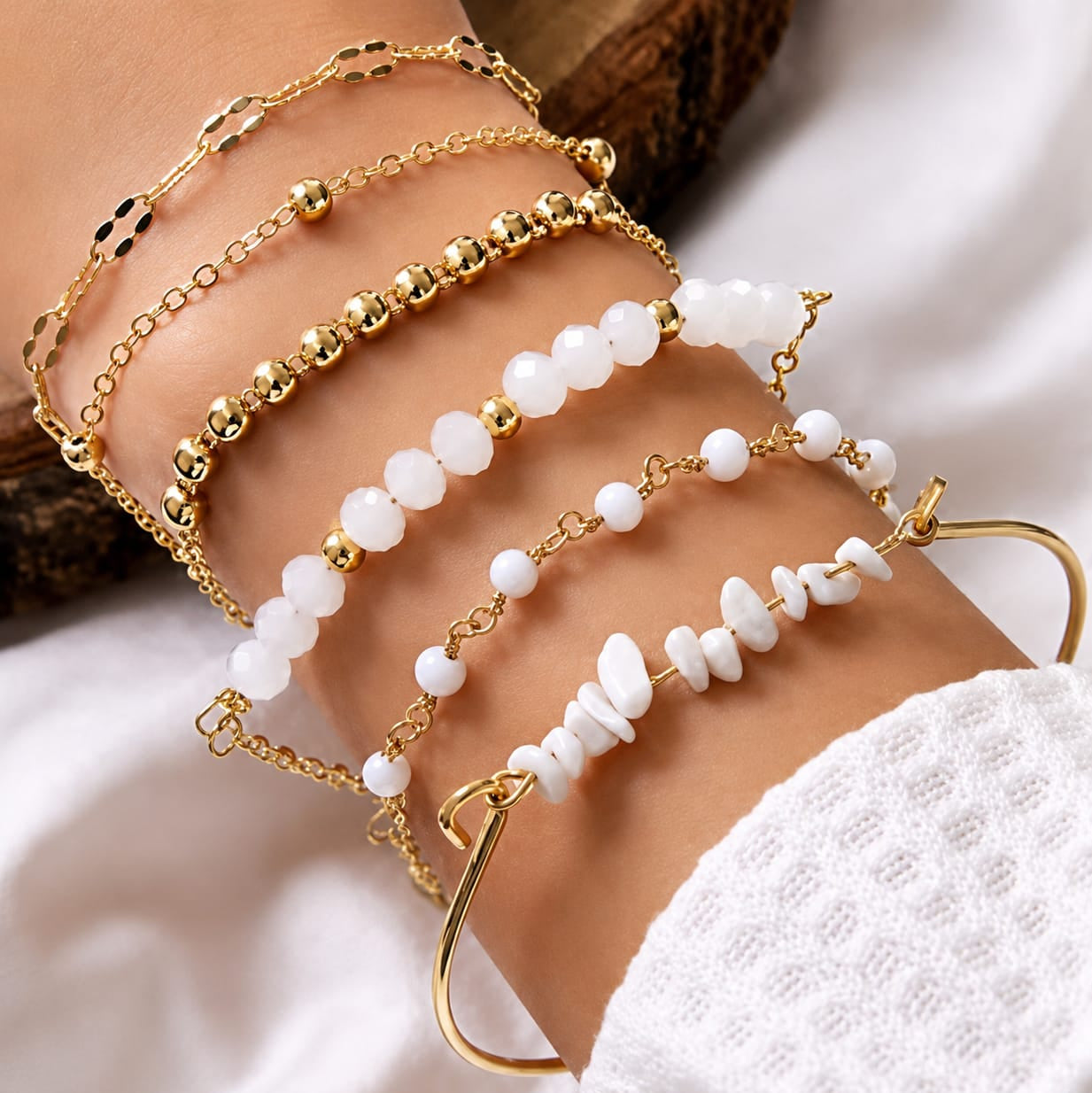 TFC White Beads Gold Plated Bracelet (set of 6)