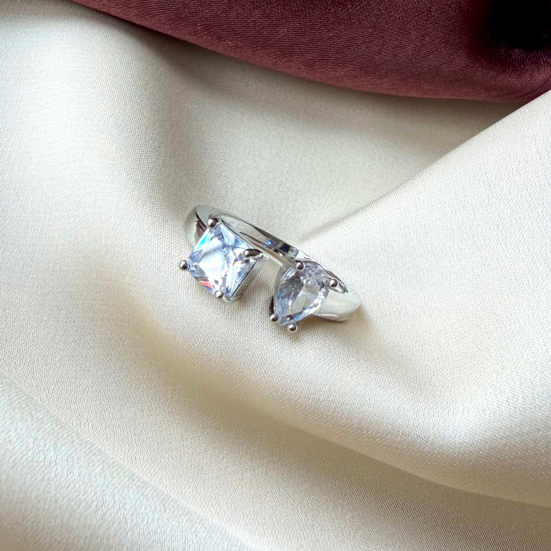 TFC Dual Stone Silver Plated Adjustable Ring