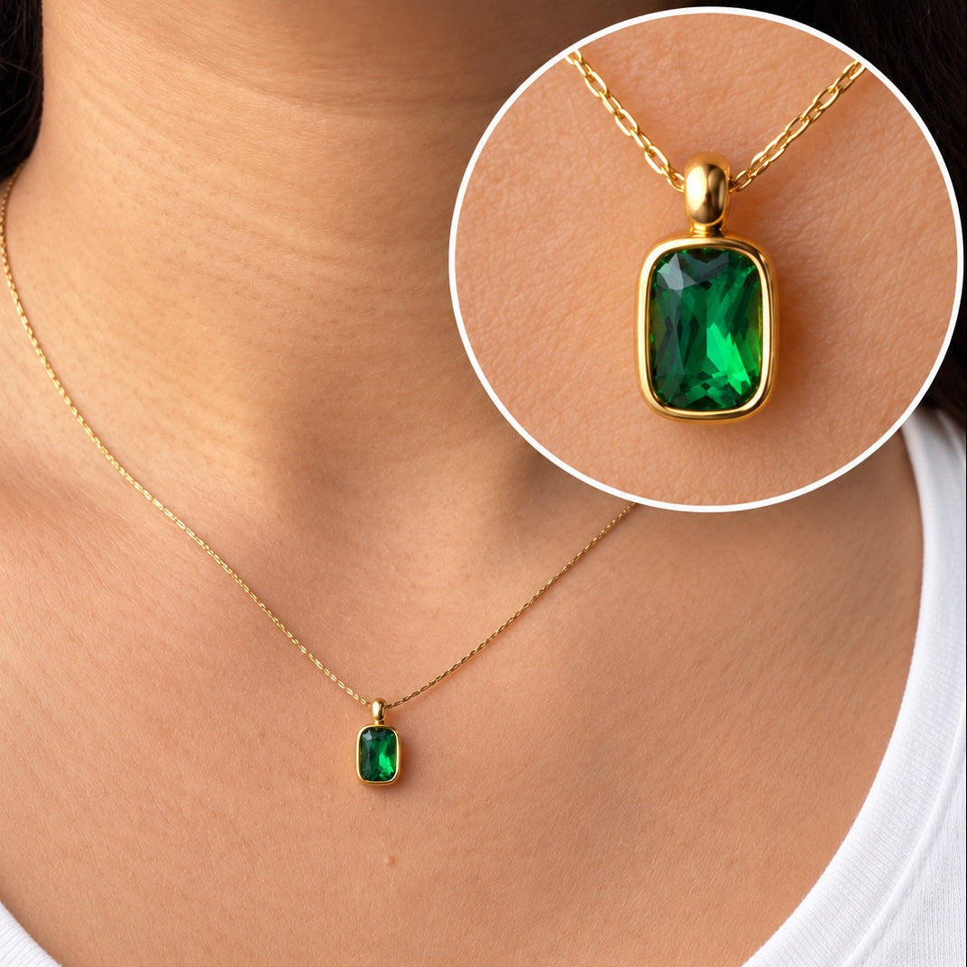 TFC Emerald Frame Gold Plated Pendant Necklace