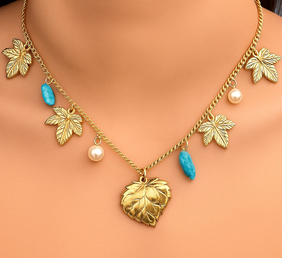 TFC Leaf Blue Charm Gold Plated Necklace