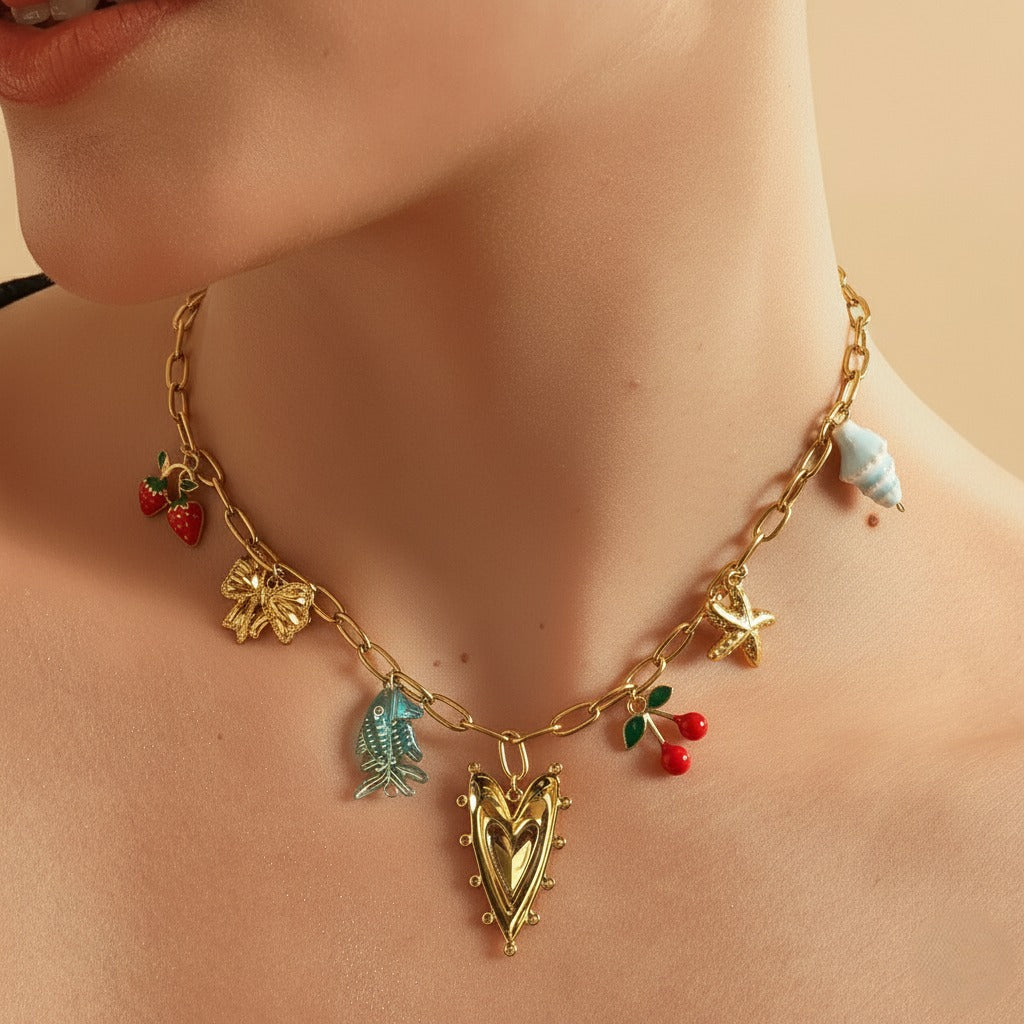 TFC Heart & Bow Charms Gold Plated Necklace